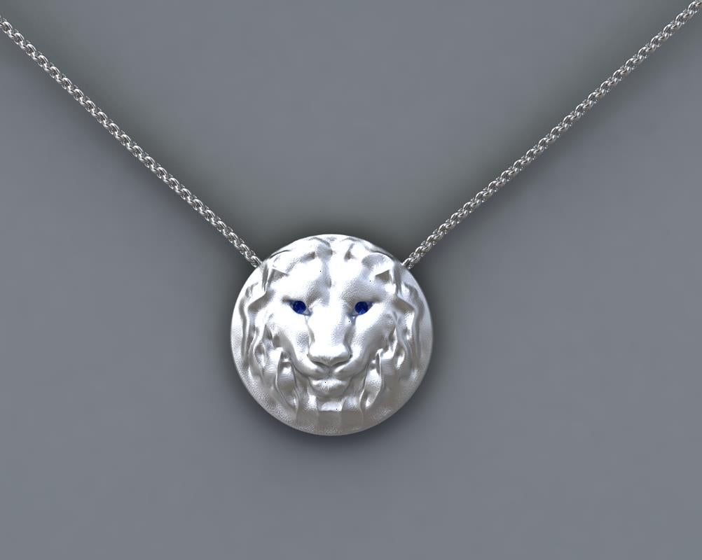 Contemporary 14 Karat White Gold Women's Pendant Necklace Leo Lion with Sapphire Eyes 18