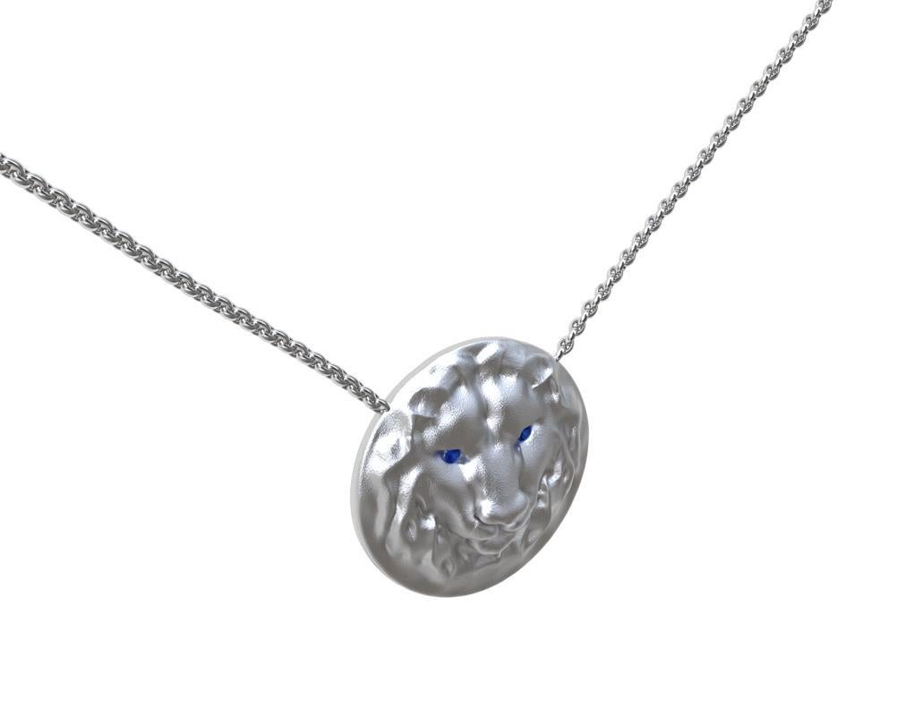 14 Karat White Gold Women's Pendant Necklace Leo Lion with Sapphire Eyes 18