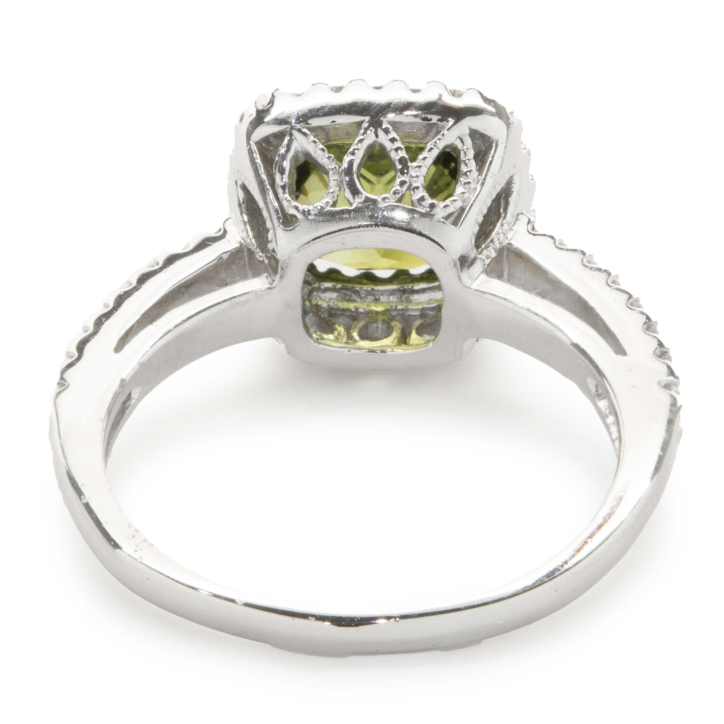Cushion Cut 14 Karat White Gold Peridot and Diamond Ring