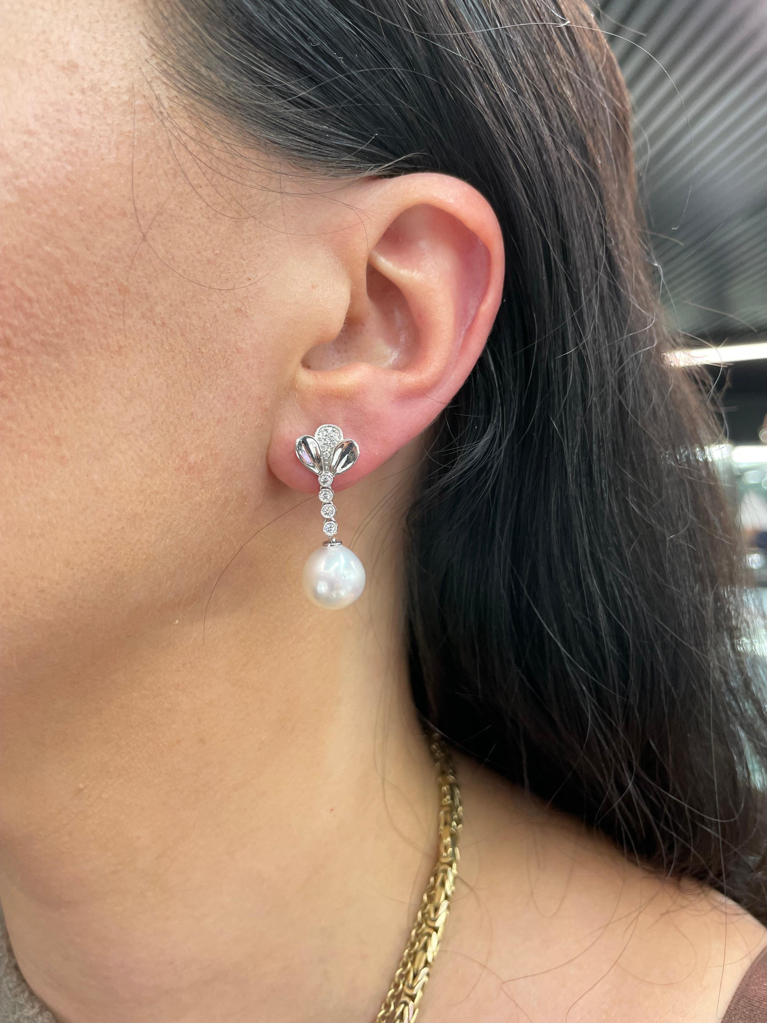14 Karat White Gold Petal Diamond South Sea Pearl Drop Earrings 0.24 Carats For Sale 3