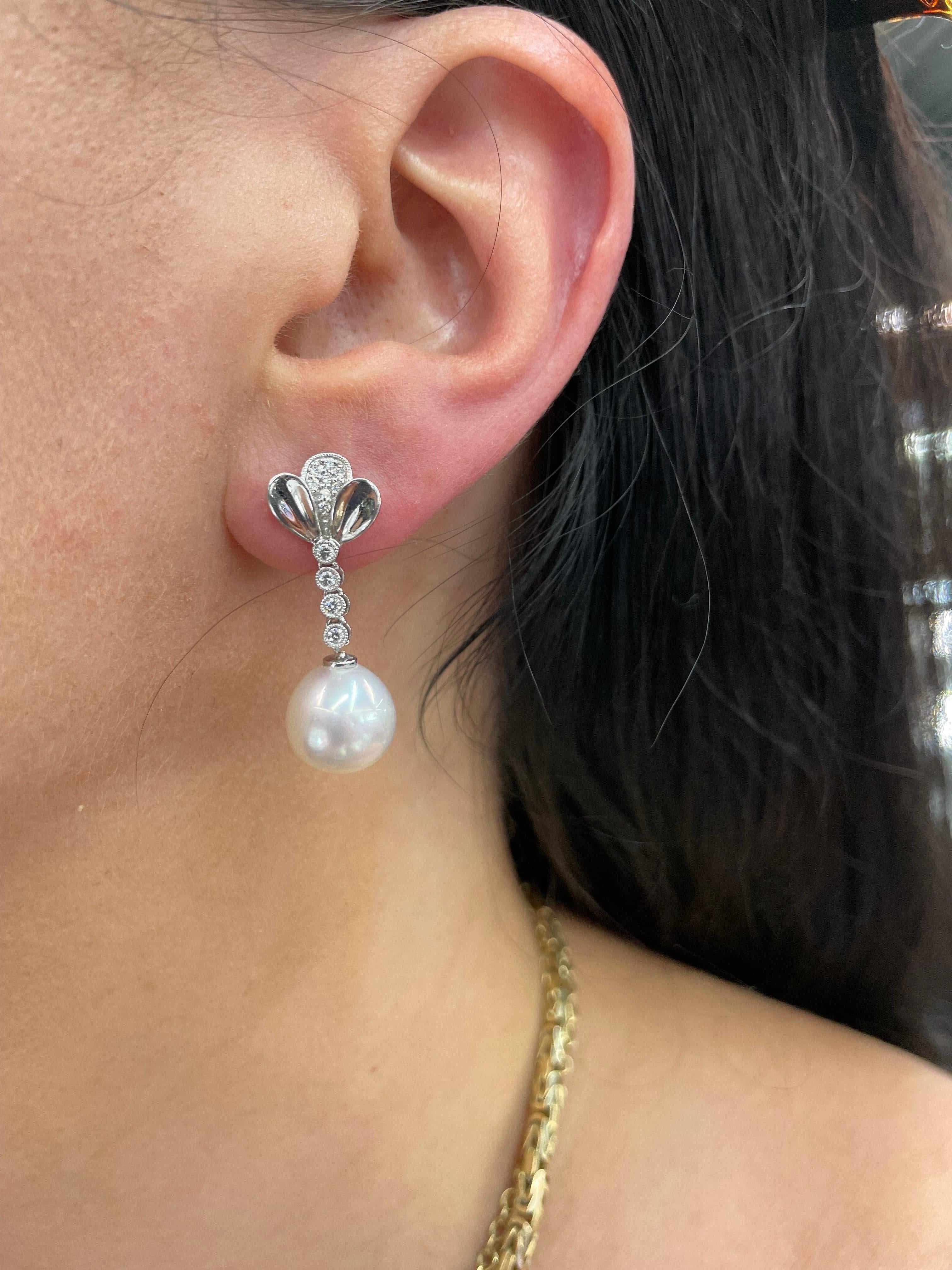14 Karat White Gold Petal Diamond South Sea Pearl Drop Earrings 0.24 Carats For Sale 4
