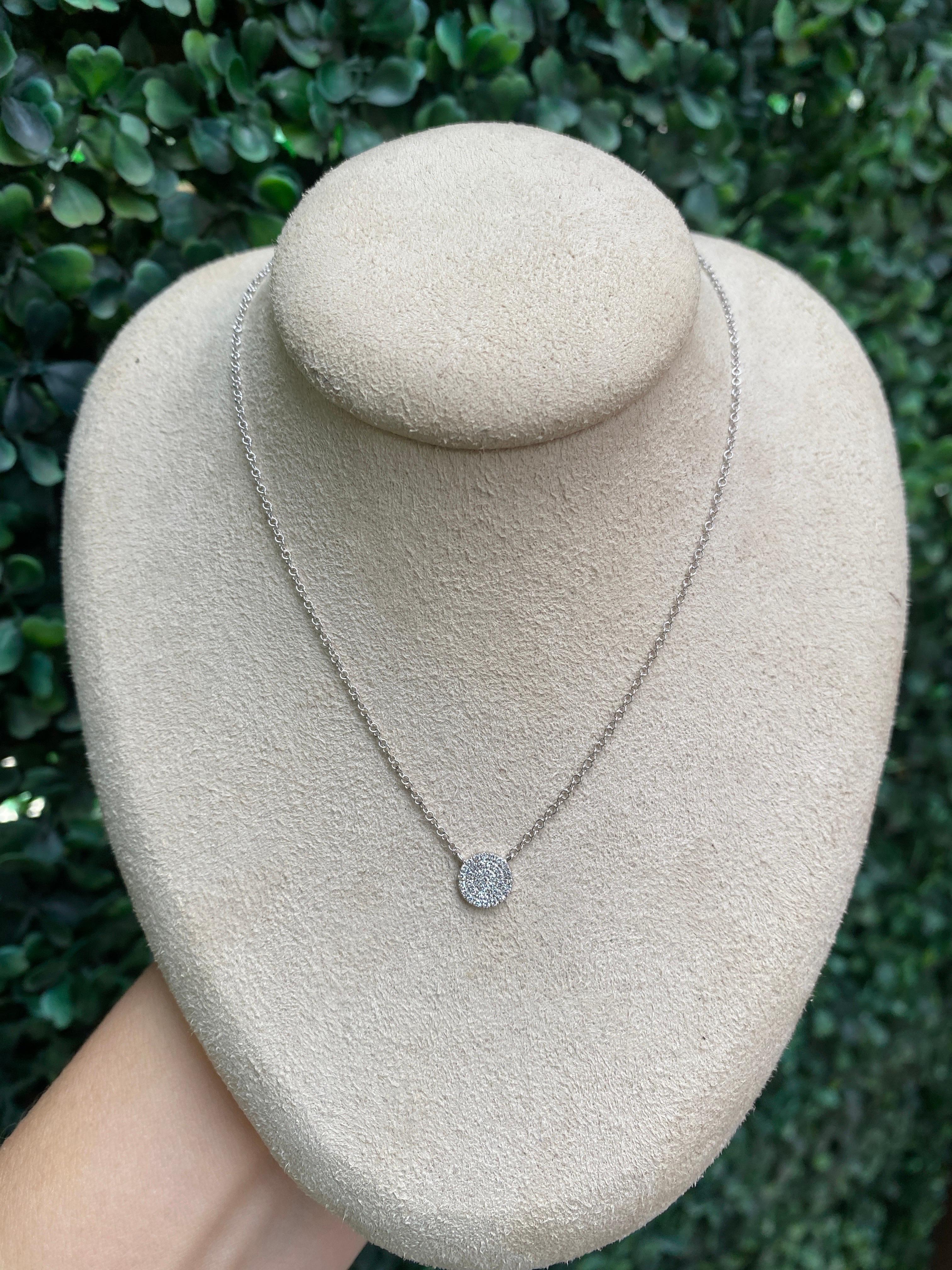 14 Karat White Gold Petite Pave Diamond Disc Necklace In New Condition For Sale In Houston, TX