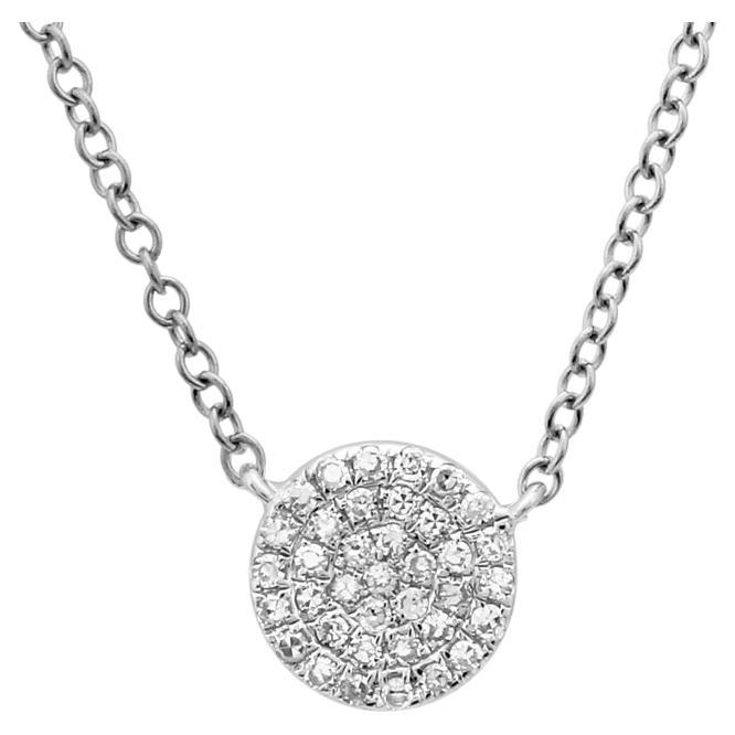 14 Karat White Gold Petite Pave Diamond Disc Necklace For Sale