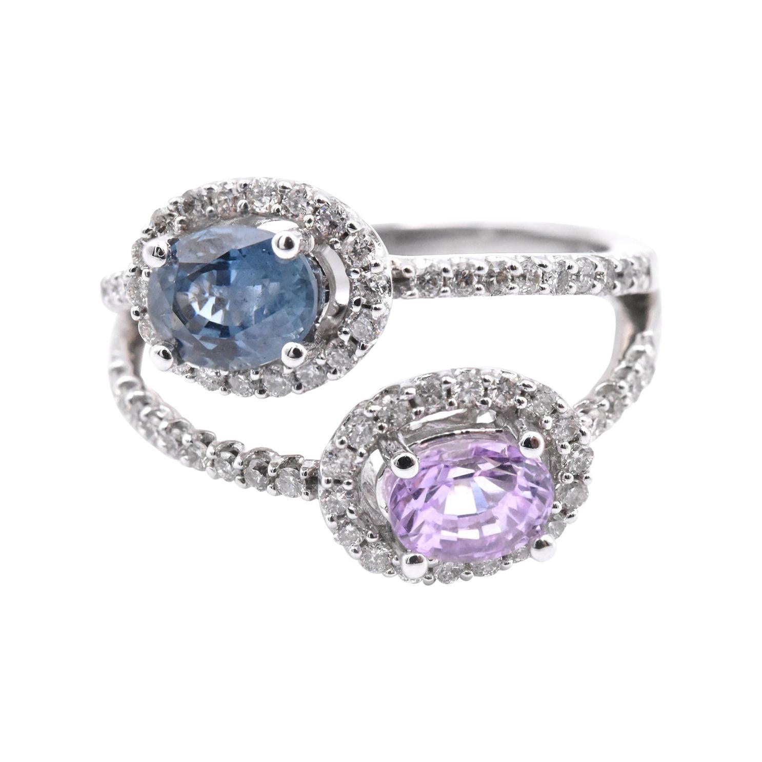 14 Karat White Gold Pink and Blue Sapphire and Diamond Bypass Ring