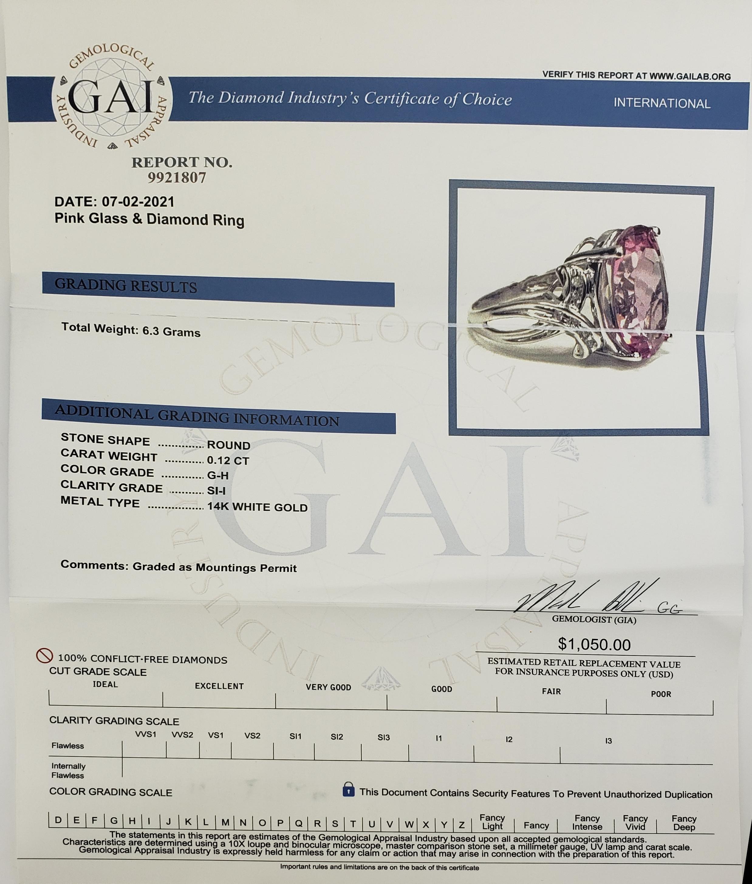 14 Karat White Gold Pink Glass and Diamond Ring For Sale 4