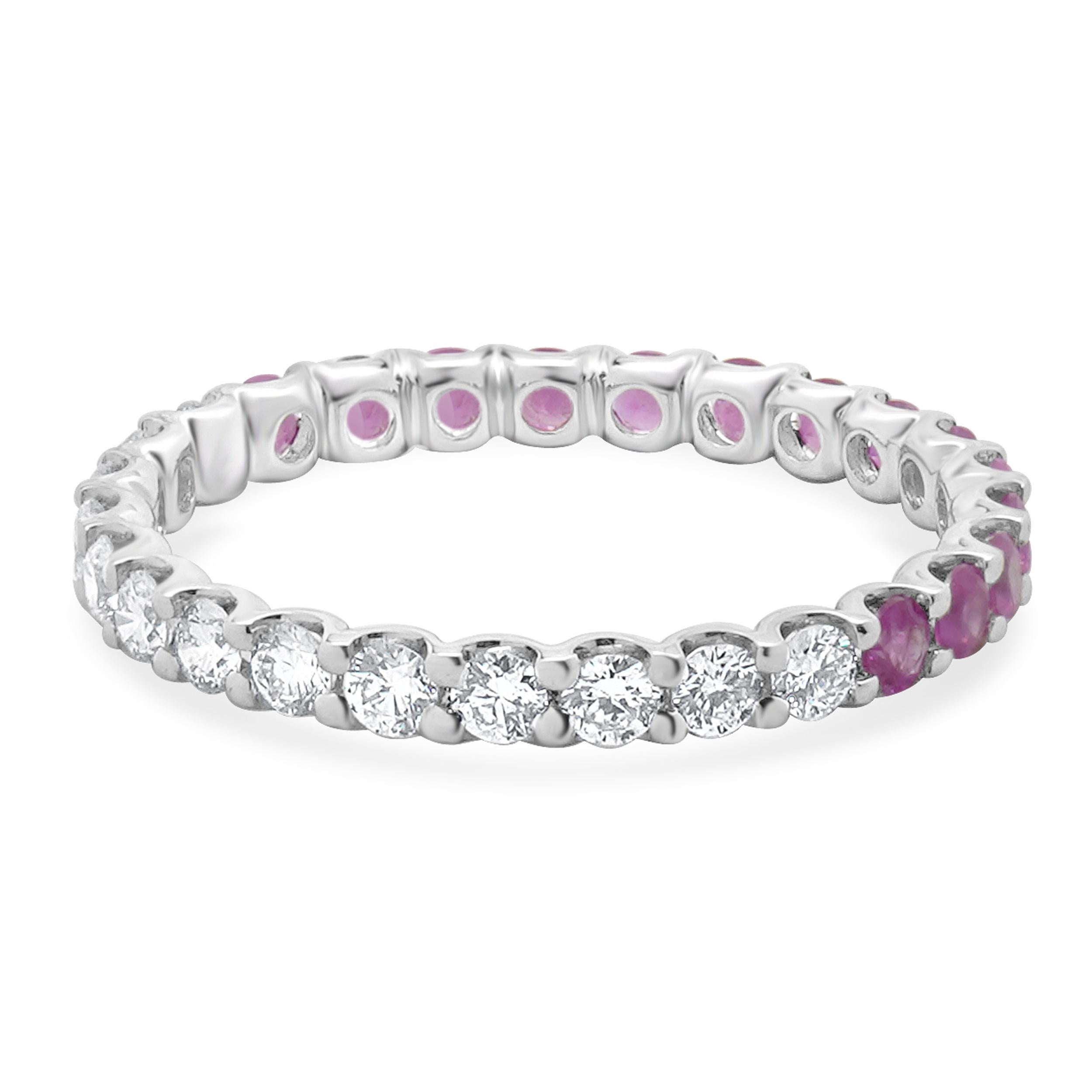 Round Cut 14 Karat White Gold Pink Sapphire and Diamond Band For Sale