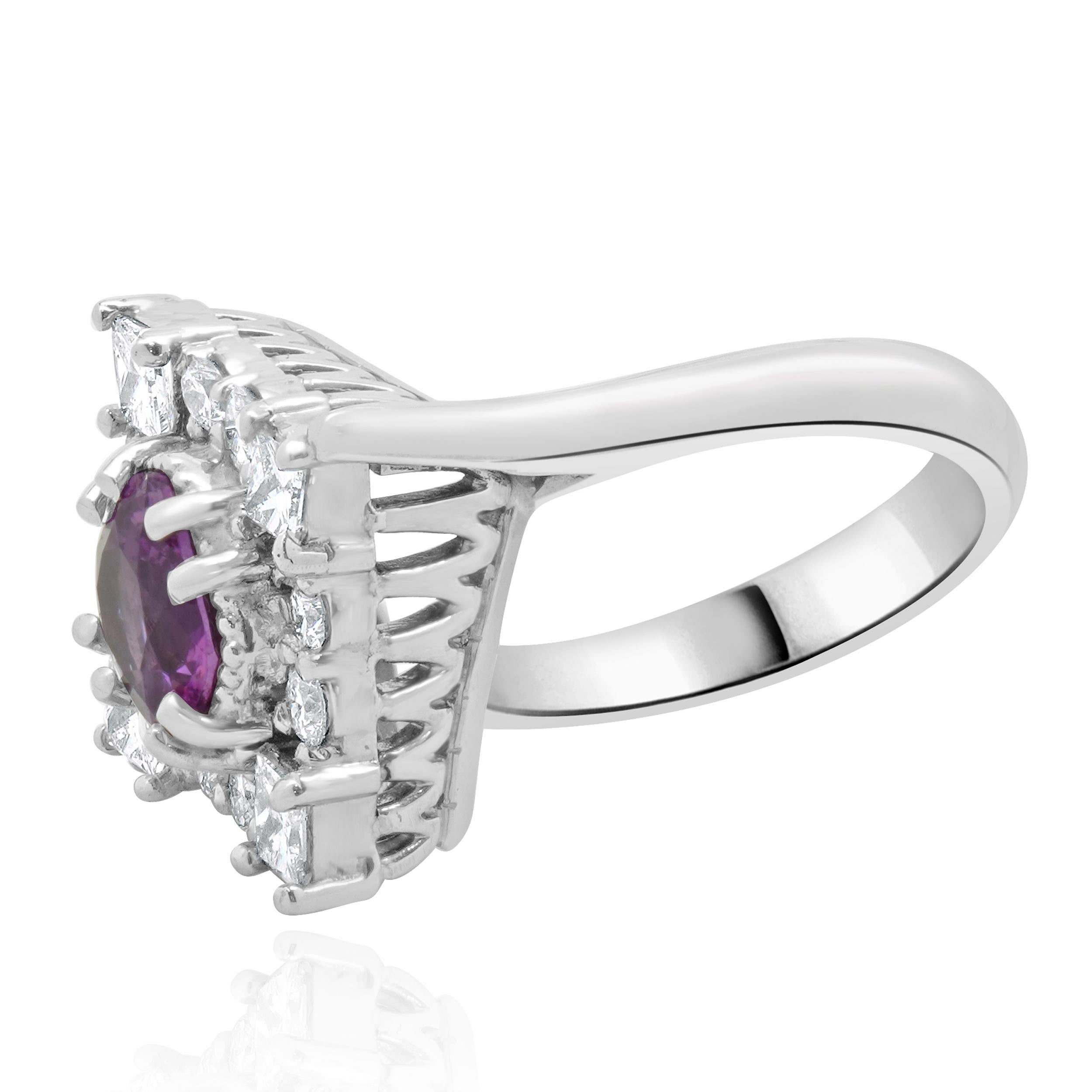 Designer: custom
Material: 14K white gold
Diamond:  round brilliant cut = 1.71cttw
Color: G
Clarity: SI1
Pink Sapphires:  0.96cttw
Ring Size: 7 (please allow two extra shipping days for sizing requests) 
Weight: 10.14 grams
