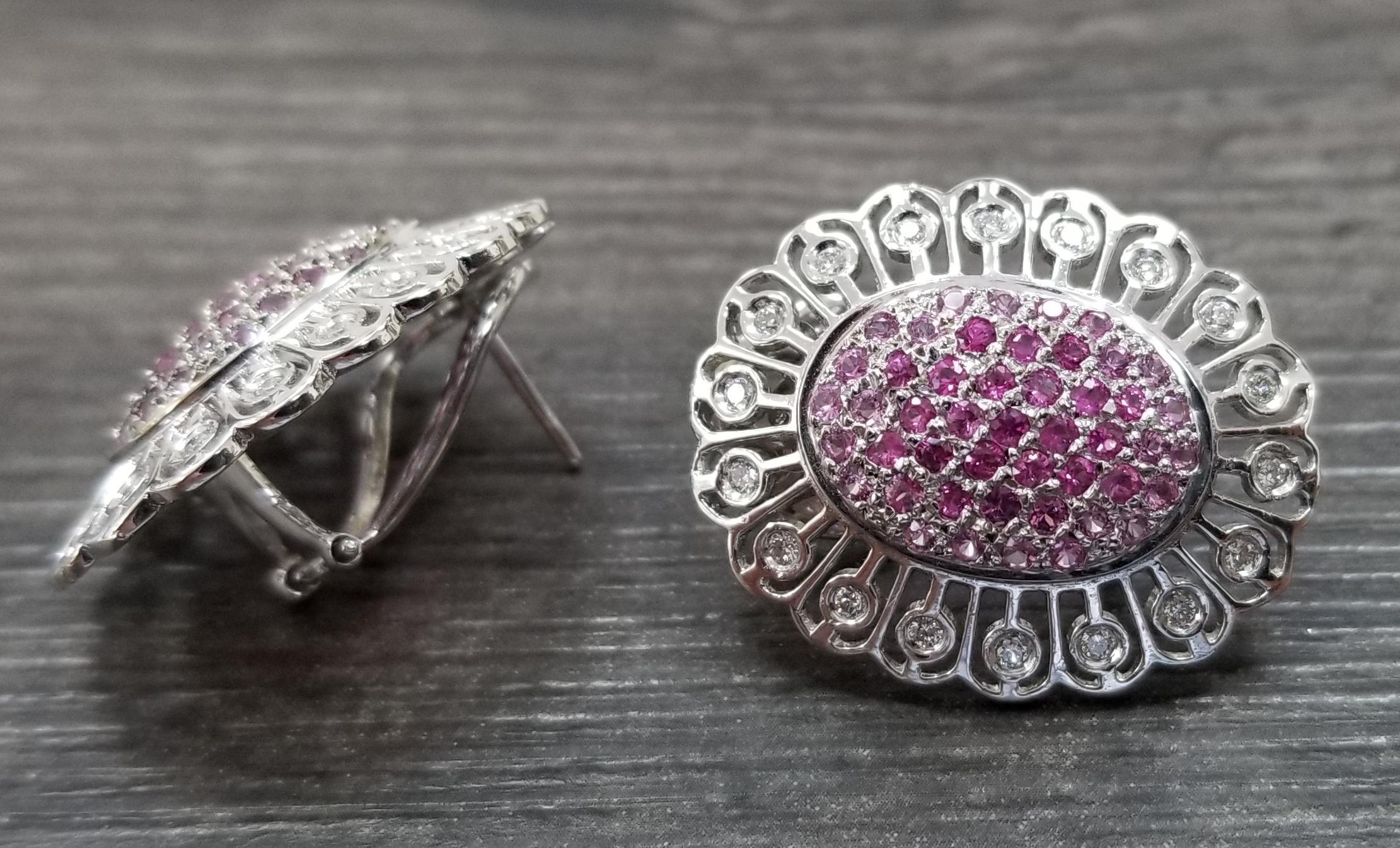 Contemporary 14 Karat White Gold Pink Sapphire and Diamond Earrings For Sale