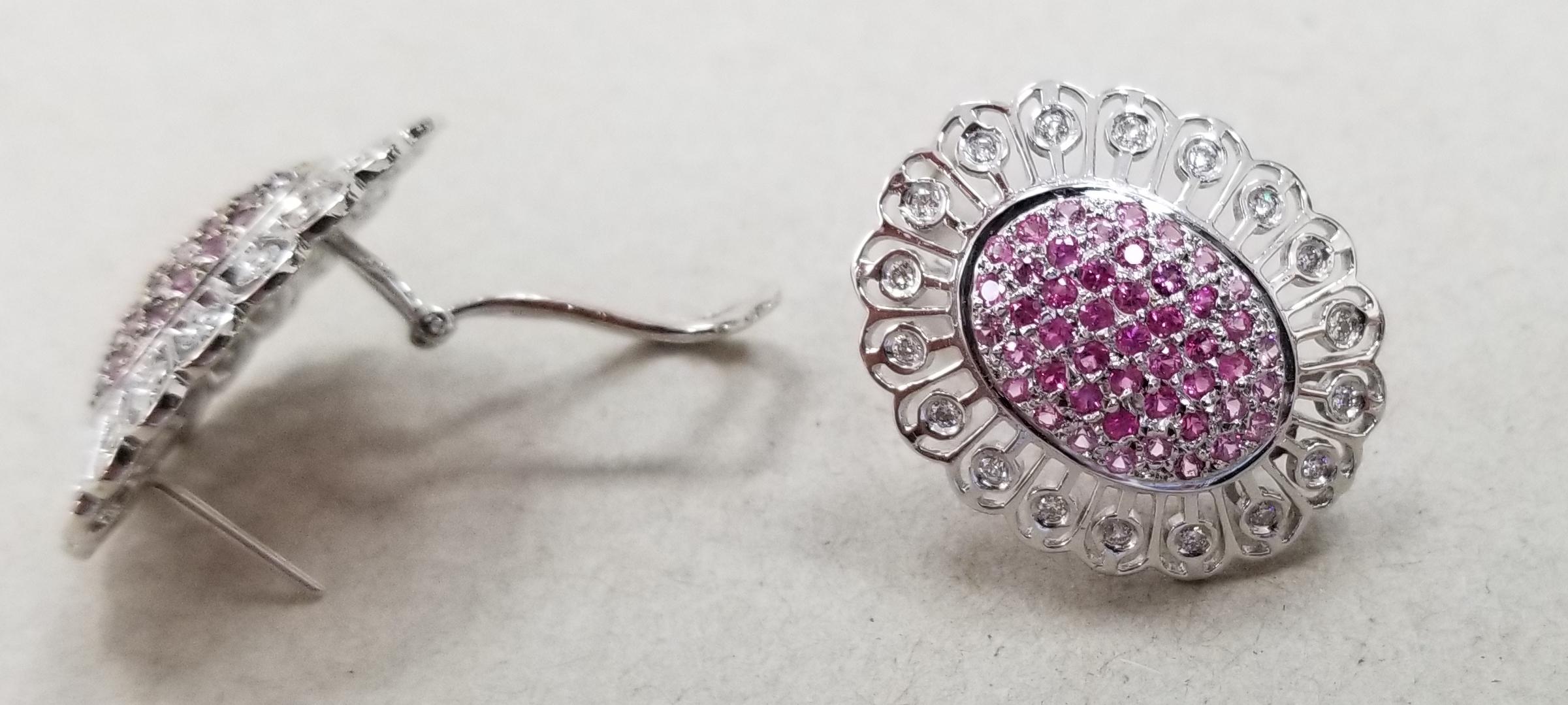 Round Cut 14 Karat White Gold Pink Sapphire and Diamond Earrings For Sale