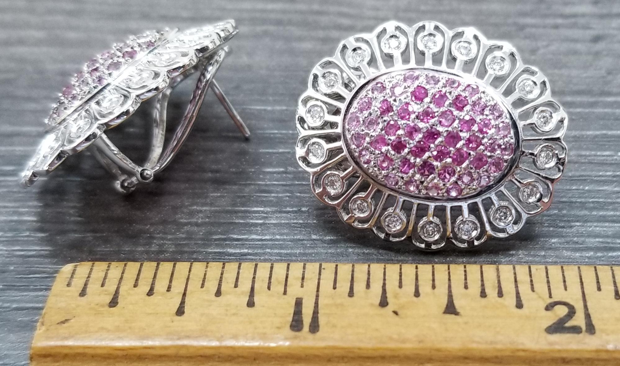 Women's 14 Karat White Gold Pink Sapphire and Diamond Earrings For Sale
