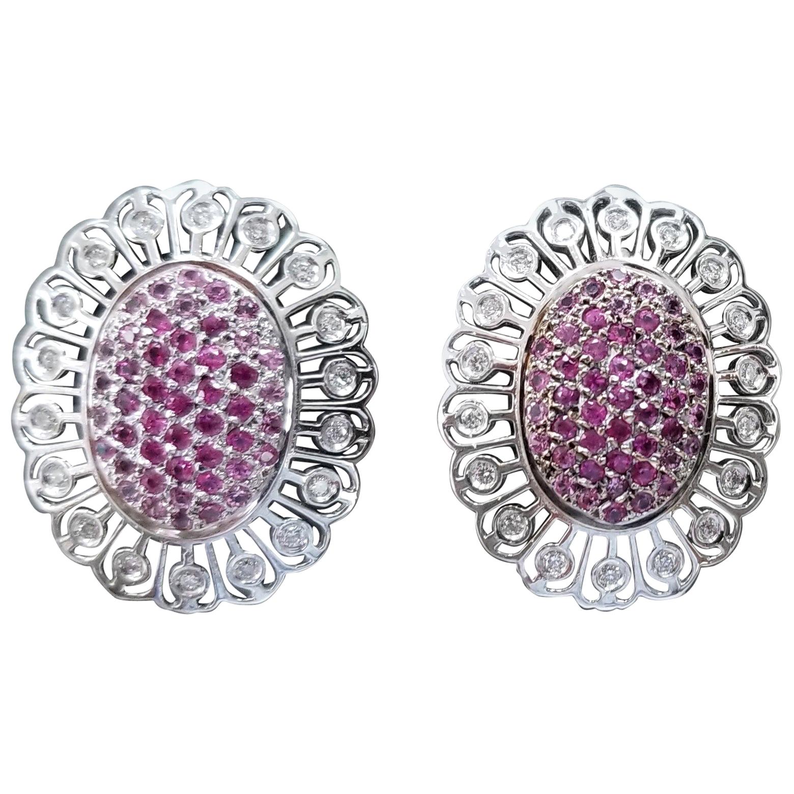 14 Karat White Gold Pink Sapphire and Diamond Earrings For Sale