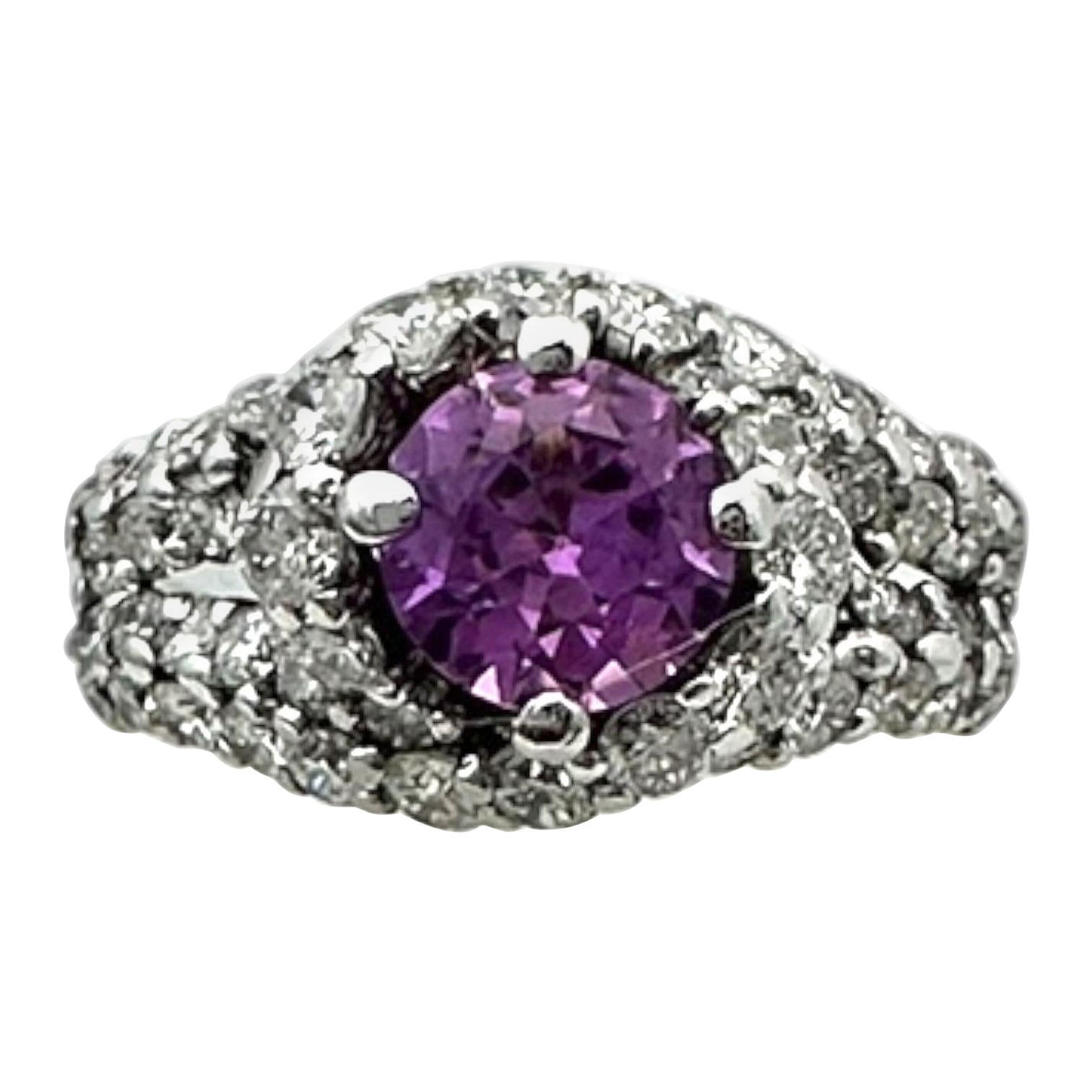 Anello con gambo diviso in due in oro bianco 14 carati con zaffiro rosa e diamanti a pavé