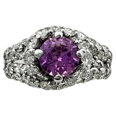 14 Karat White Gold Pink Sapphire and Diamond Pave Halo Split Shank Ring