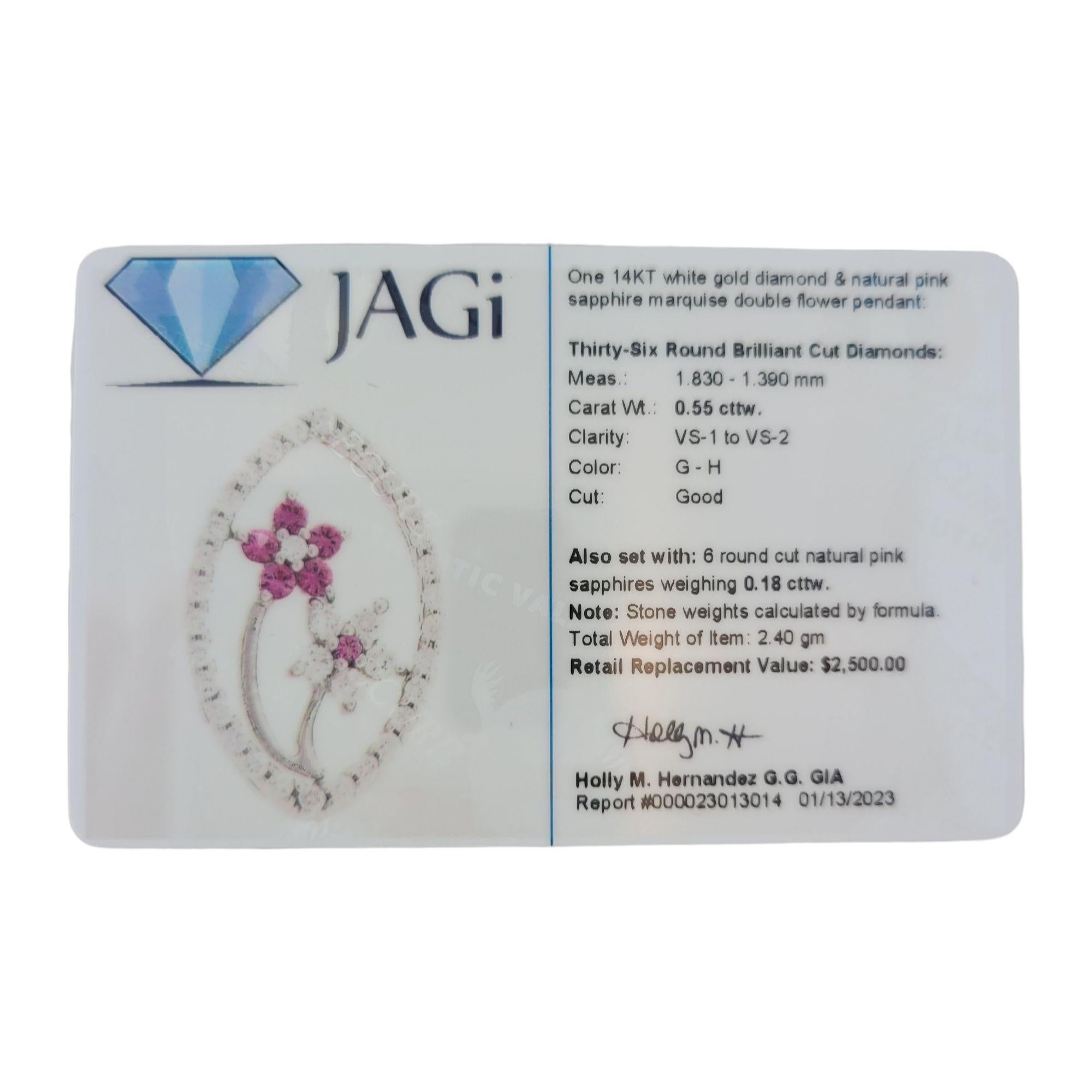 14 Karat White Gold Pink Sapphire and Diamond Pendant Necklace-

This stunning pendant features 36 round brilliant cut diamonds and six round pink sapphires set in a lovely floral design, chain included.

Total sapphire weight: .18

Total diamond