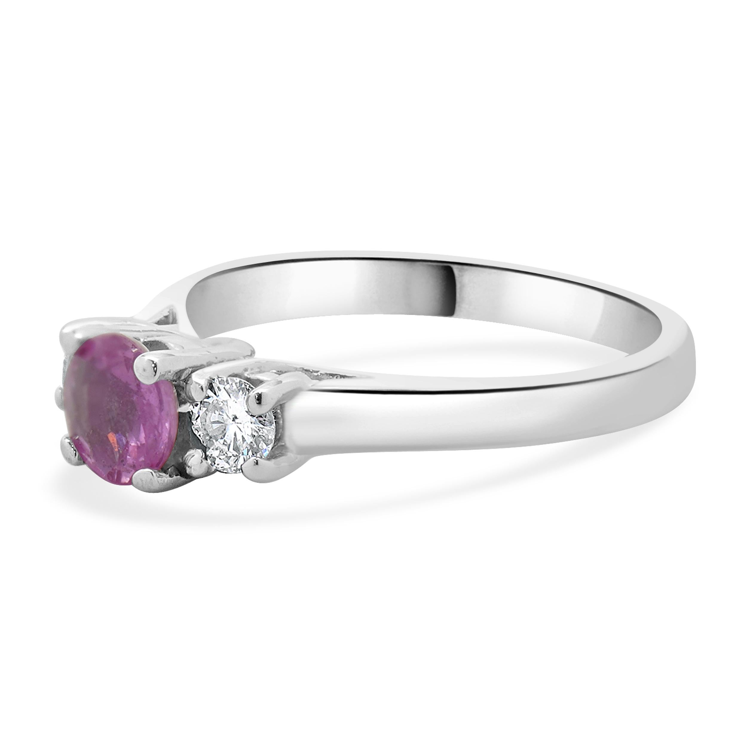 Material: 14K white gold
Diamond: 2 round brilliant cut = 0.26cttw
Color: H
Clarity: SI2
Pink Sapphire: 1 round cut = 0.50ct
Ring Size: 6.25 (please allow up to 2 additional business days for sizing requests)
Dimensions: ring top measures