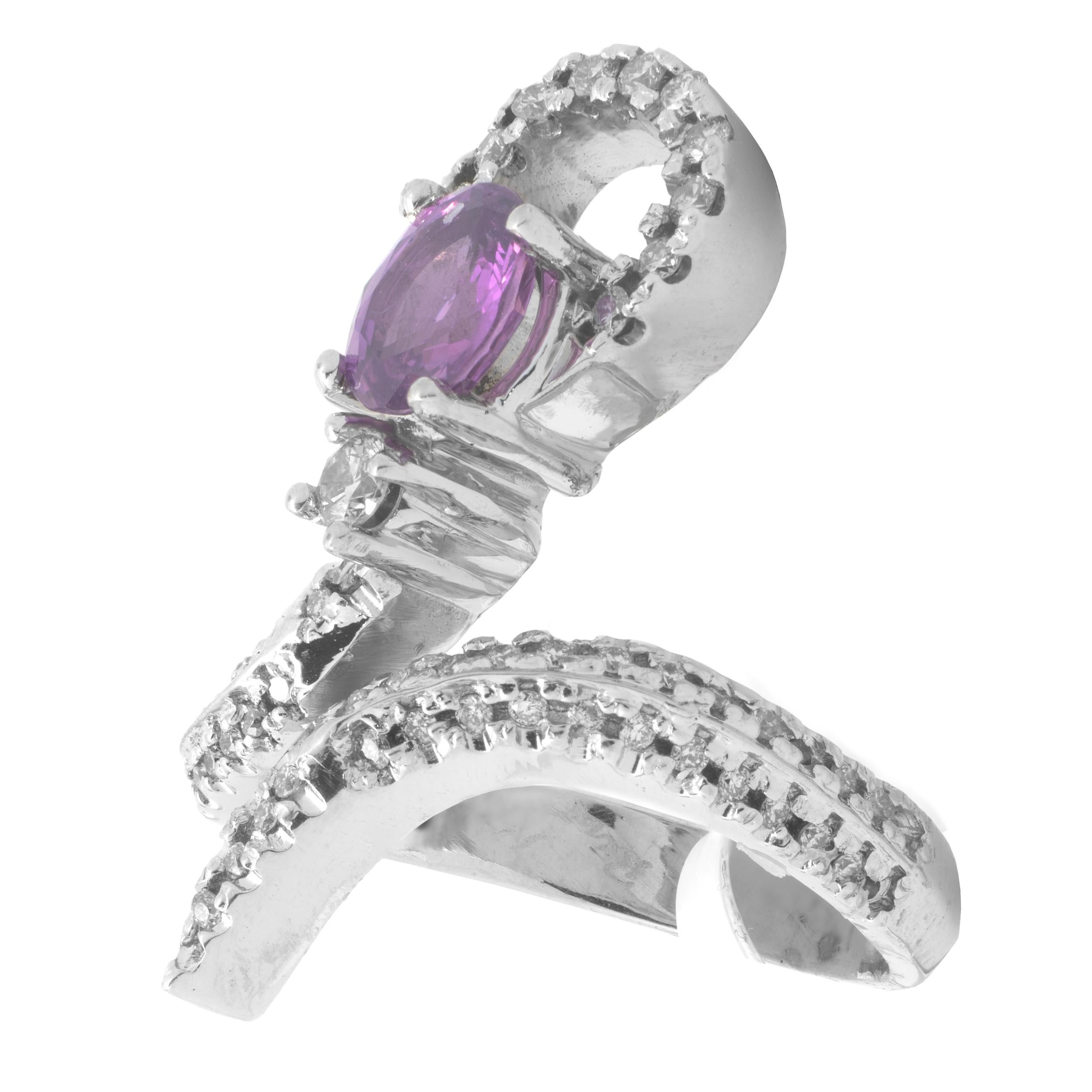 Material: 14K white gold
Diamond: round brilliant cut = .90cttw
Color: G
Clarity: SI1
Pink Sapphire: 1 pear cut = 1.00ct
Ring Size: 7 (please allow up to 2 additional business days for sizing requests)
Dimensions: ring top measures 28.60mm
Weight: