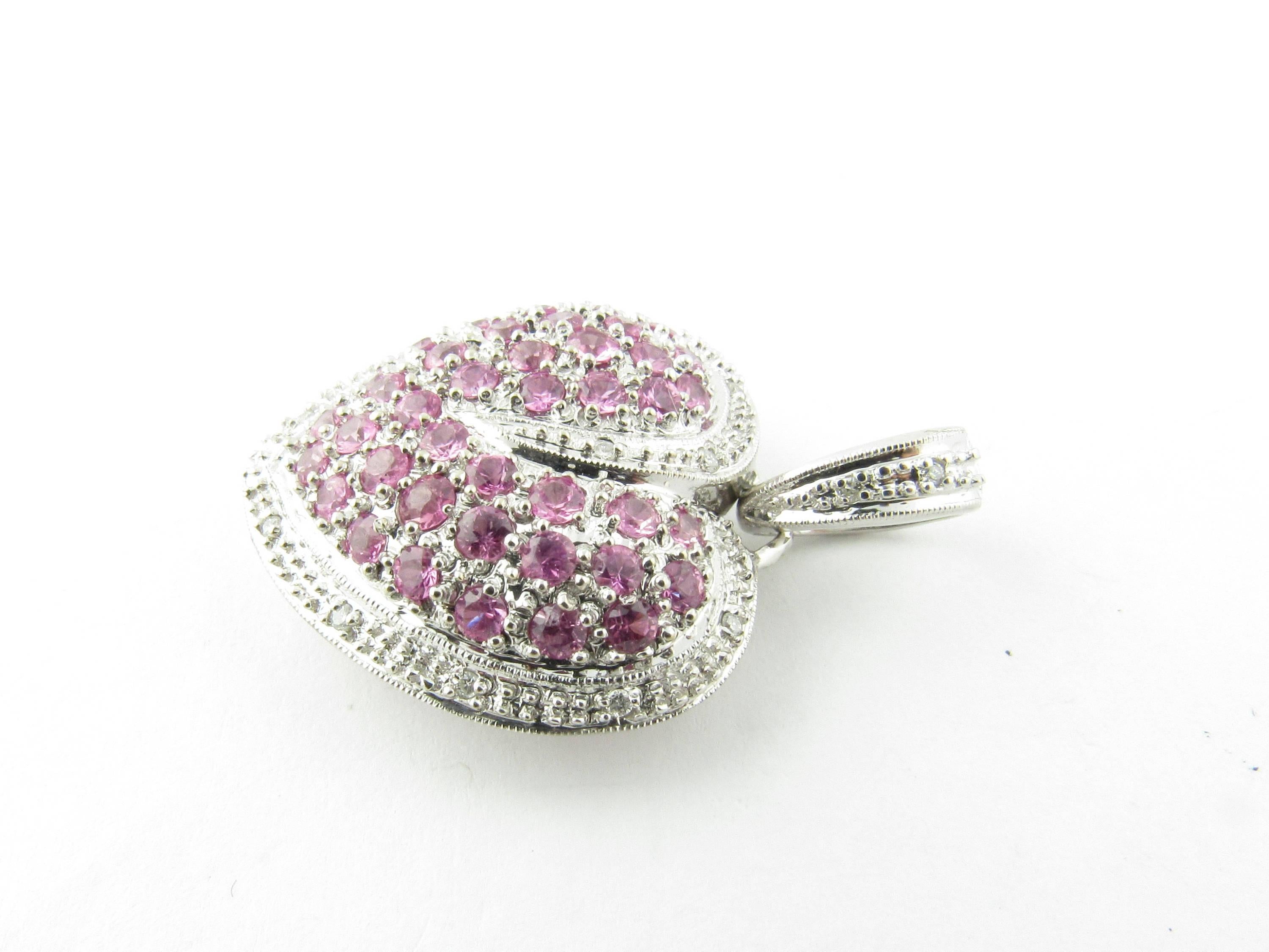 14 Karat White Gold Pink Topaz and Diamond Heart Pendant In Excellent Condition In Washington Depot, CT