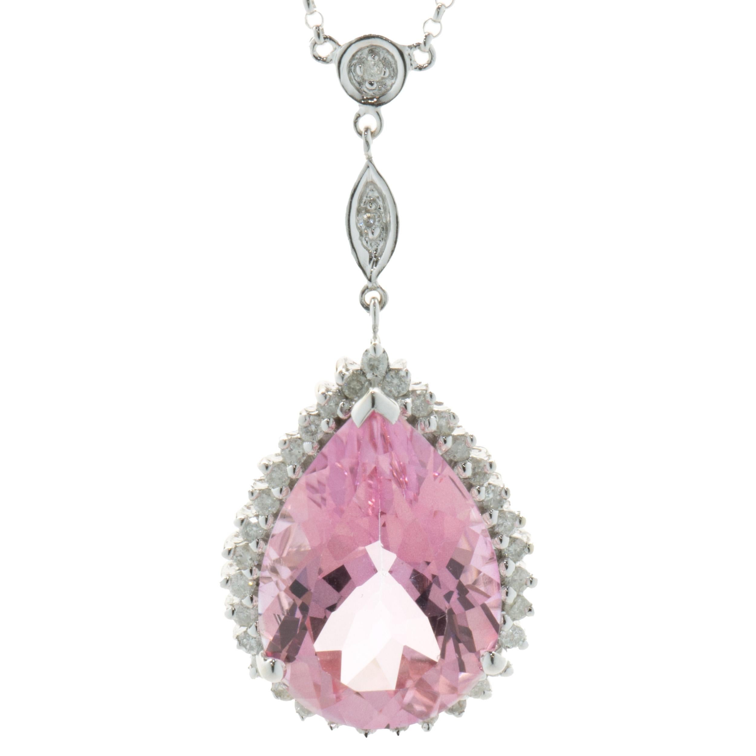 Designer: custom
Material: 14K white gold
Diamond: 83 round brilliant cut = 0.83cttw
Color: G
Clarity: SI1
Pink Topaz: 1 pear cut = 12.50ct
Dimensions: necklace measures 18.25-inches in length
Weight: 11.02 grams