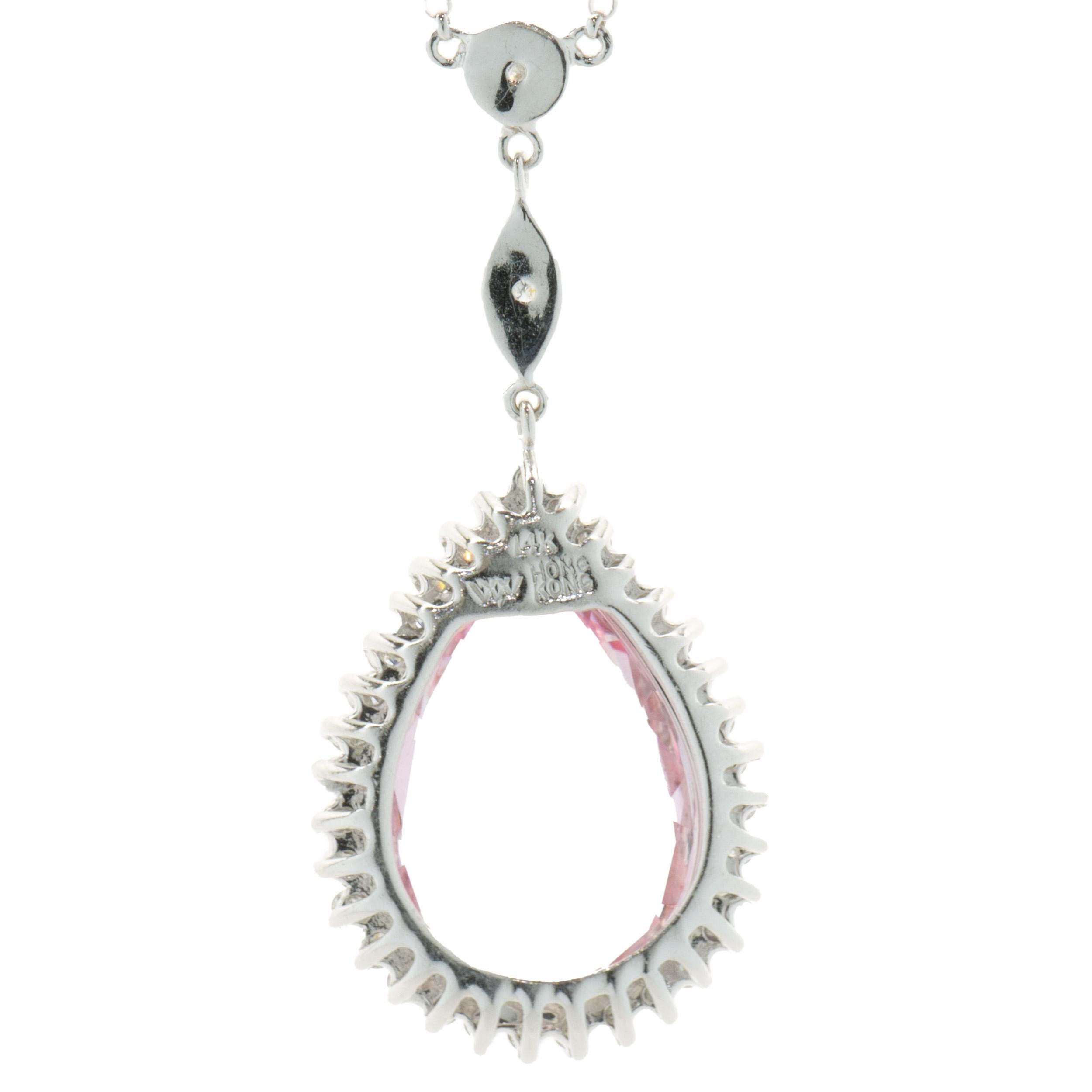 Pear Cut 14 Karat White Gold Pink Topaz and Diamond Station Necklace