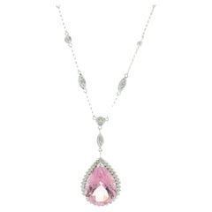 14 Karat White Gold Pink Topaz and Diamond Station Necklace