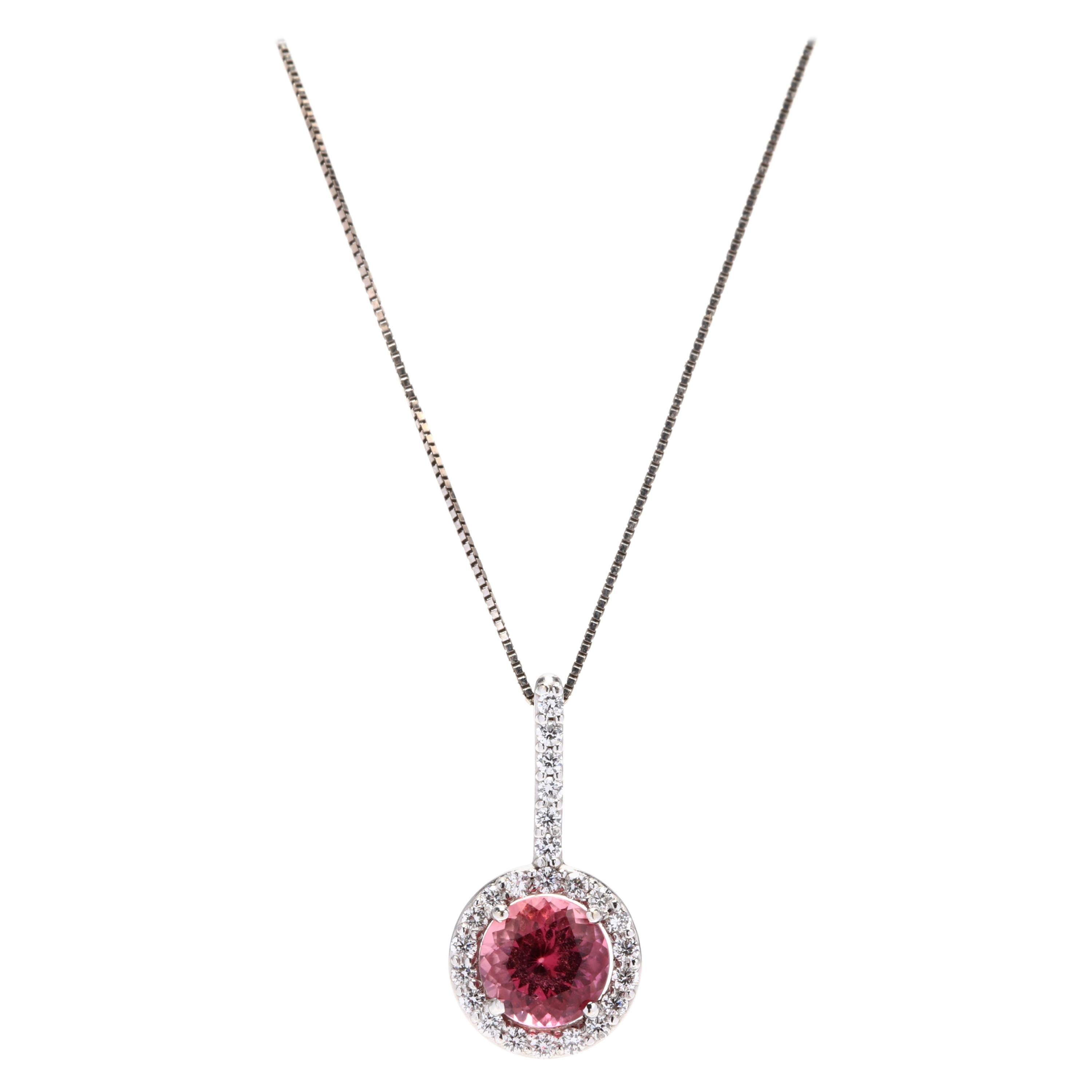 14 Karat White Gold, Pink Tourmaline, and Diamond Pendant Necklace