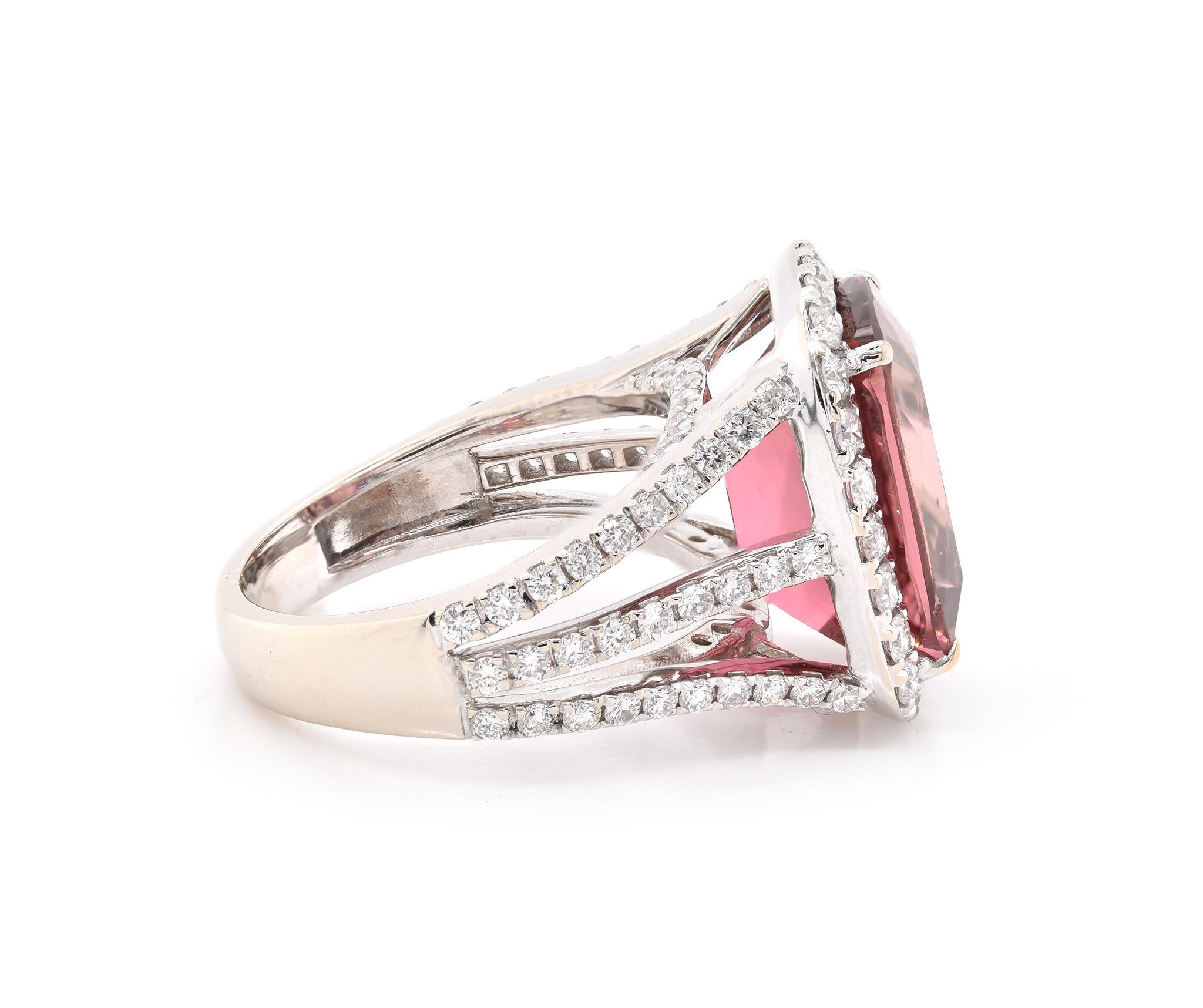 Designer: custom design
Material: 14K white gold
Pink Tourmaline: 6.58ct
Diamond: 100 round cut = 1.12cttw
Color: G
Clarity: VS1
Dimensions: ring top measures 16.15mm wide
Ring Size: 5.25 (please allow two extra shipping days for sizing requests)