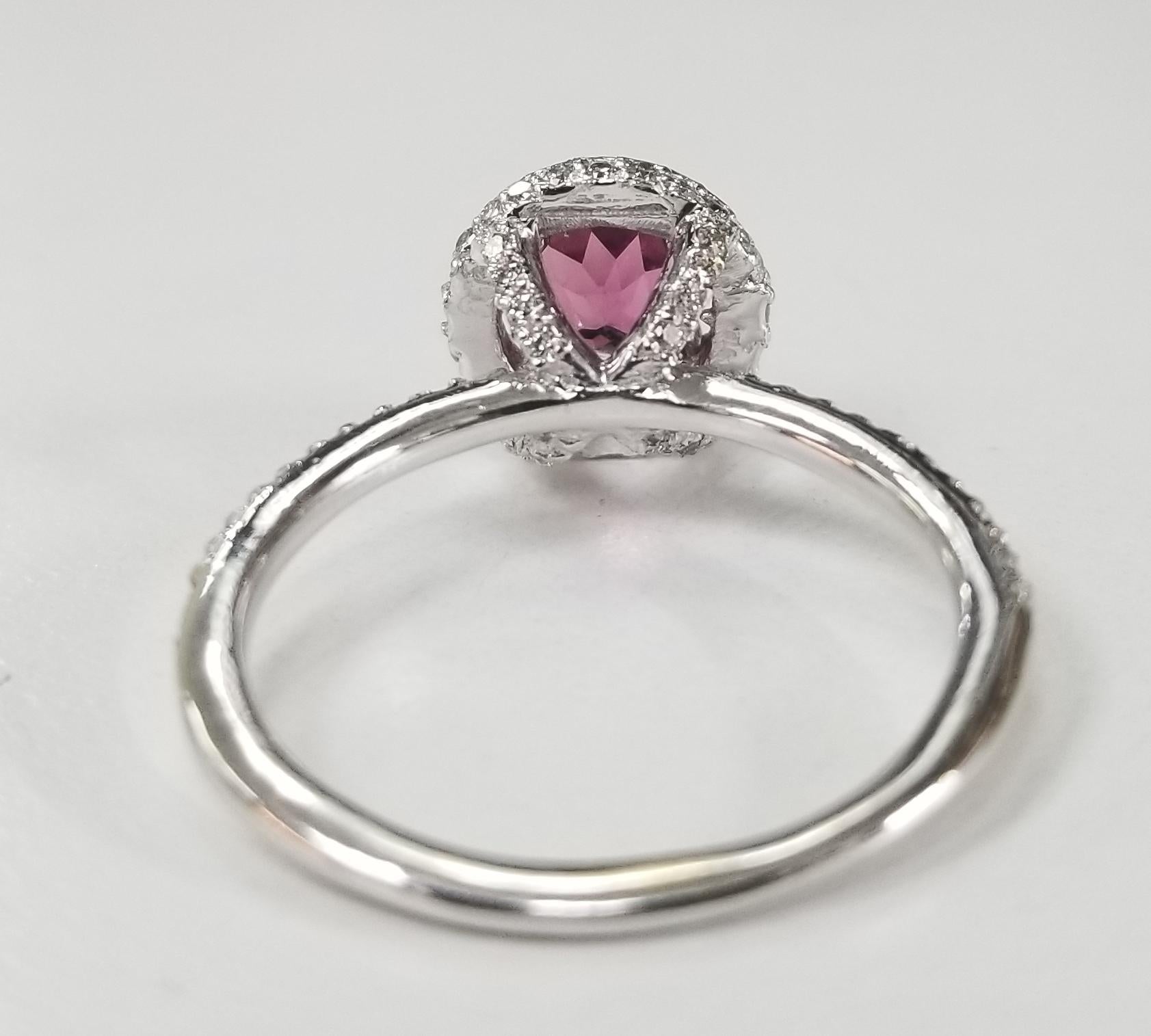 Round Cut 14 Karat White Gold Pink Tourmaline Diamond Halo Ring For Sale