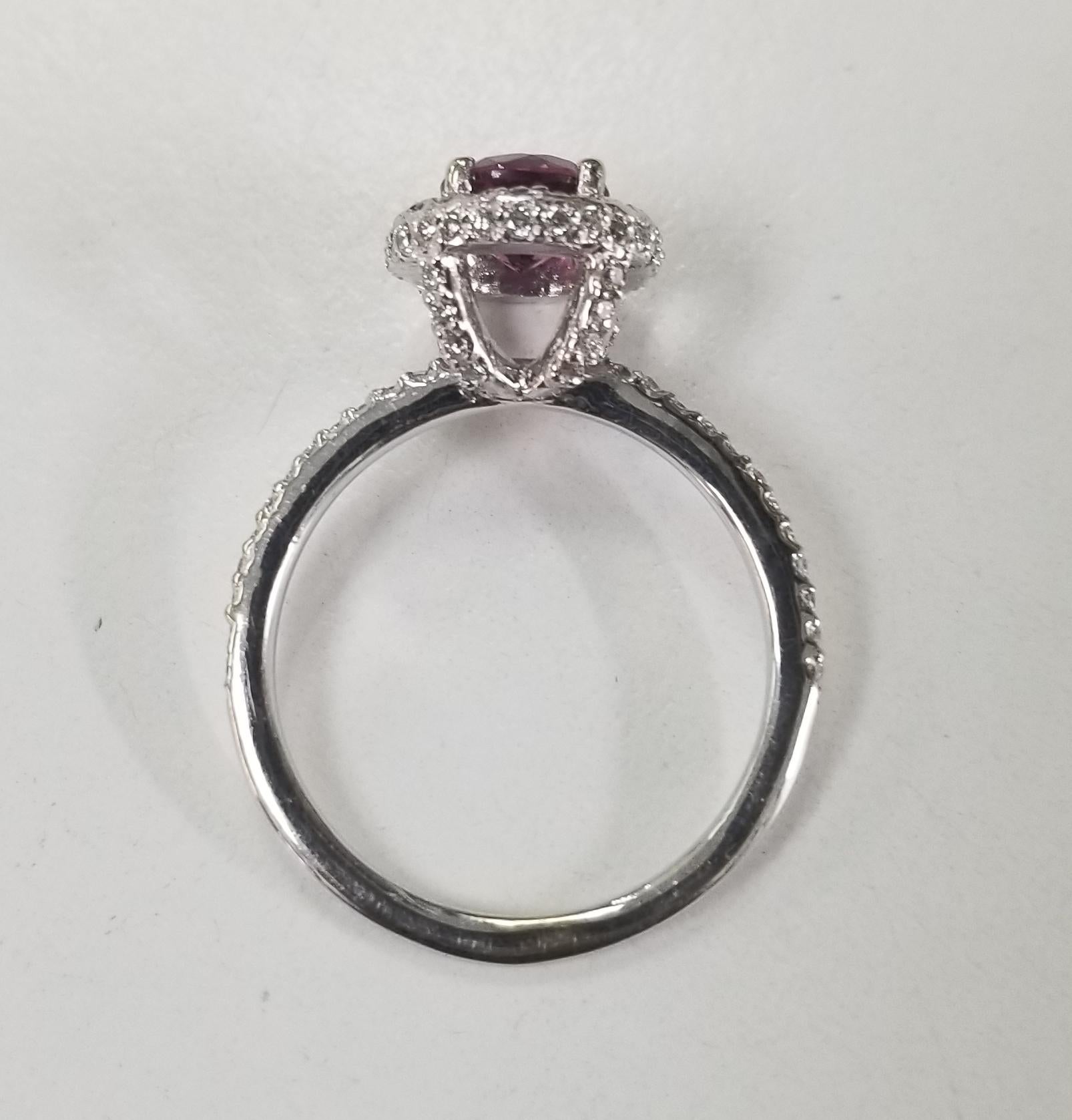14 Karat White Gold Pink Tourmaline Diamond Halo Ring In New Condition For Sale In Los Angeles, CA