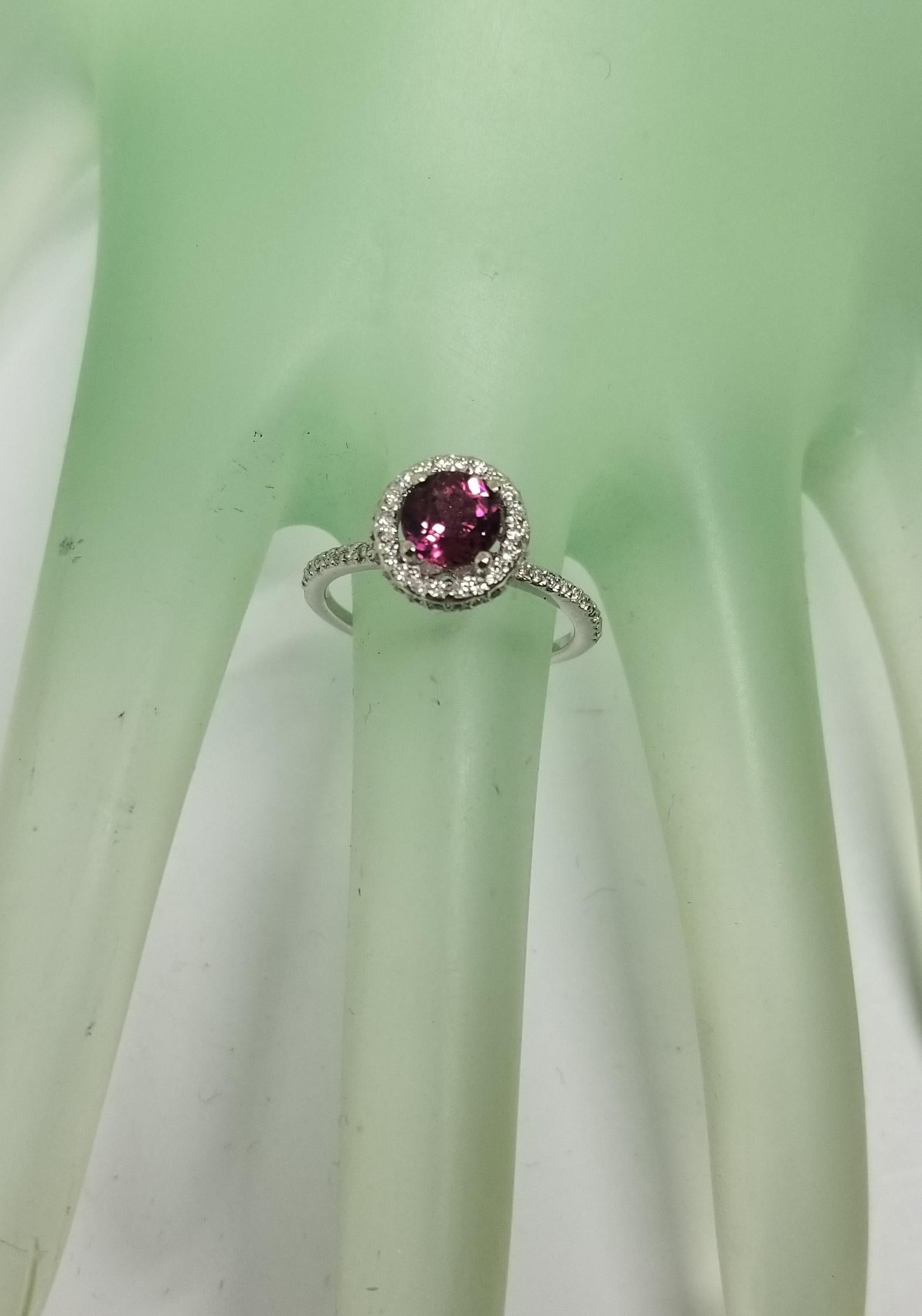 Women's or Men's 14 Karat White Gold Pink Tourmaline Diamond Halo Ring For Sale