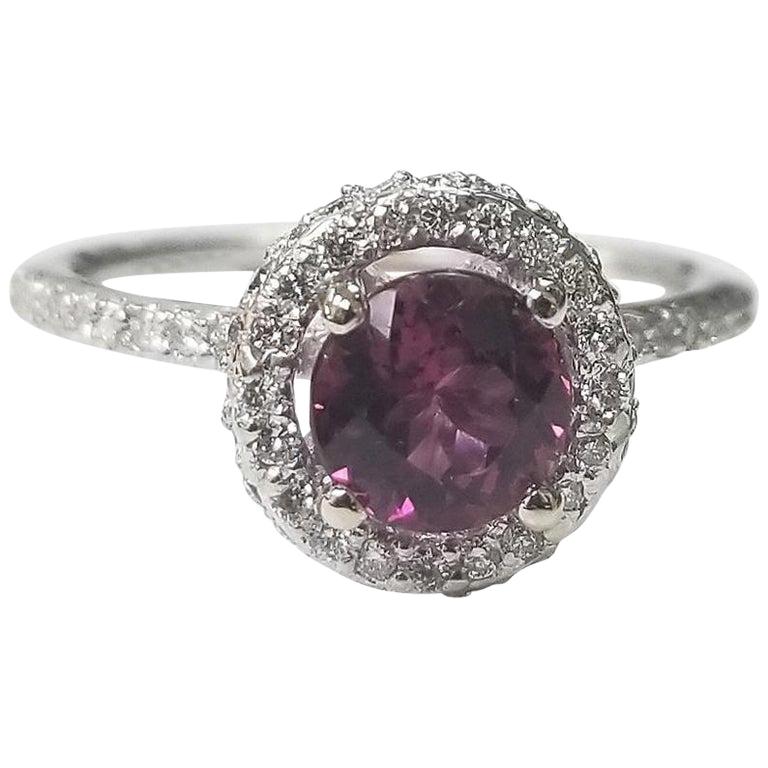 14 Karat White Gold Pink Tourmaline Diamond Halo Ring