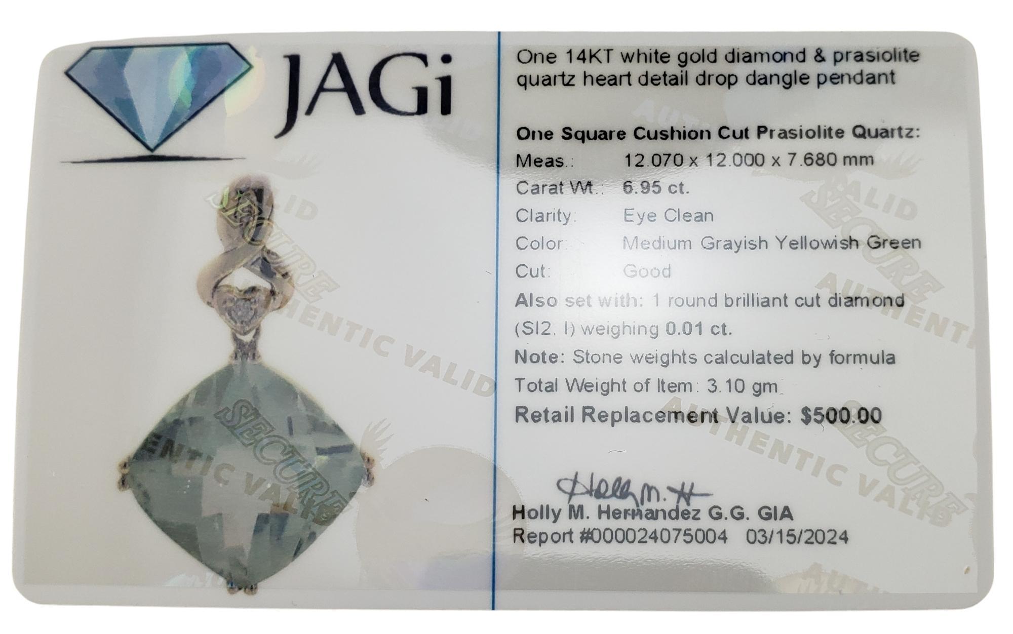 14 Karat White Gold Prasiolite and Diamond Pendant #17077 For Sale 3