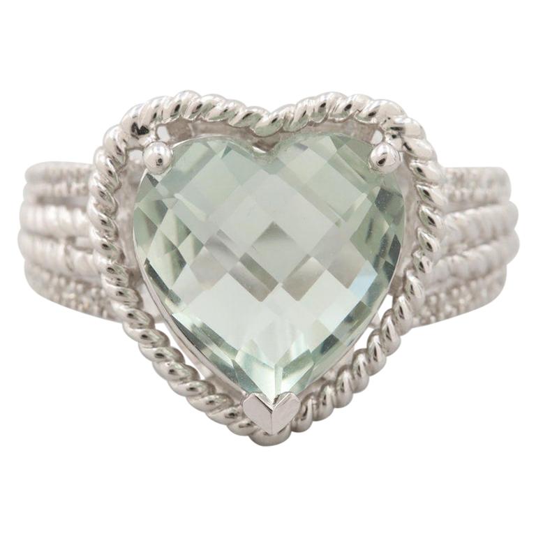 14 Karat White Gold Prasiolite "Green Amethyst" Heart Diamond Ring Rope Style For Sale