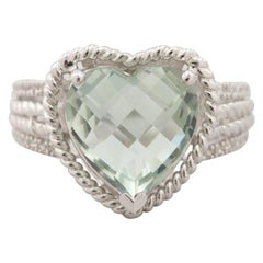 Bague en or blanc 14 carats avec Prasiolite « Améthyste verte » et diamant en forme de cœur style corde