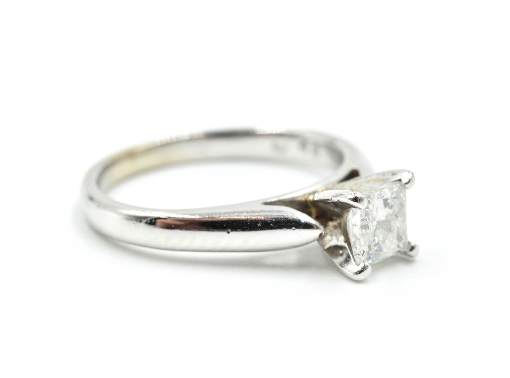 Affordable and beautiful! This princess cut diamond glistens like a star in the romantic 14k white gold mounting! The diamond weighs 0.46 carats. The band of the ring measures 2.14mm in length and 1.45mm in width. Band size is 3 ¼ and total weight