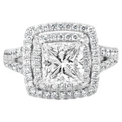 14 Karat White Gold Princess Cut and Round Diamond Double Halo Engagement Ring
