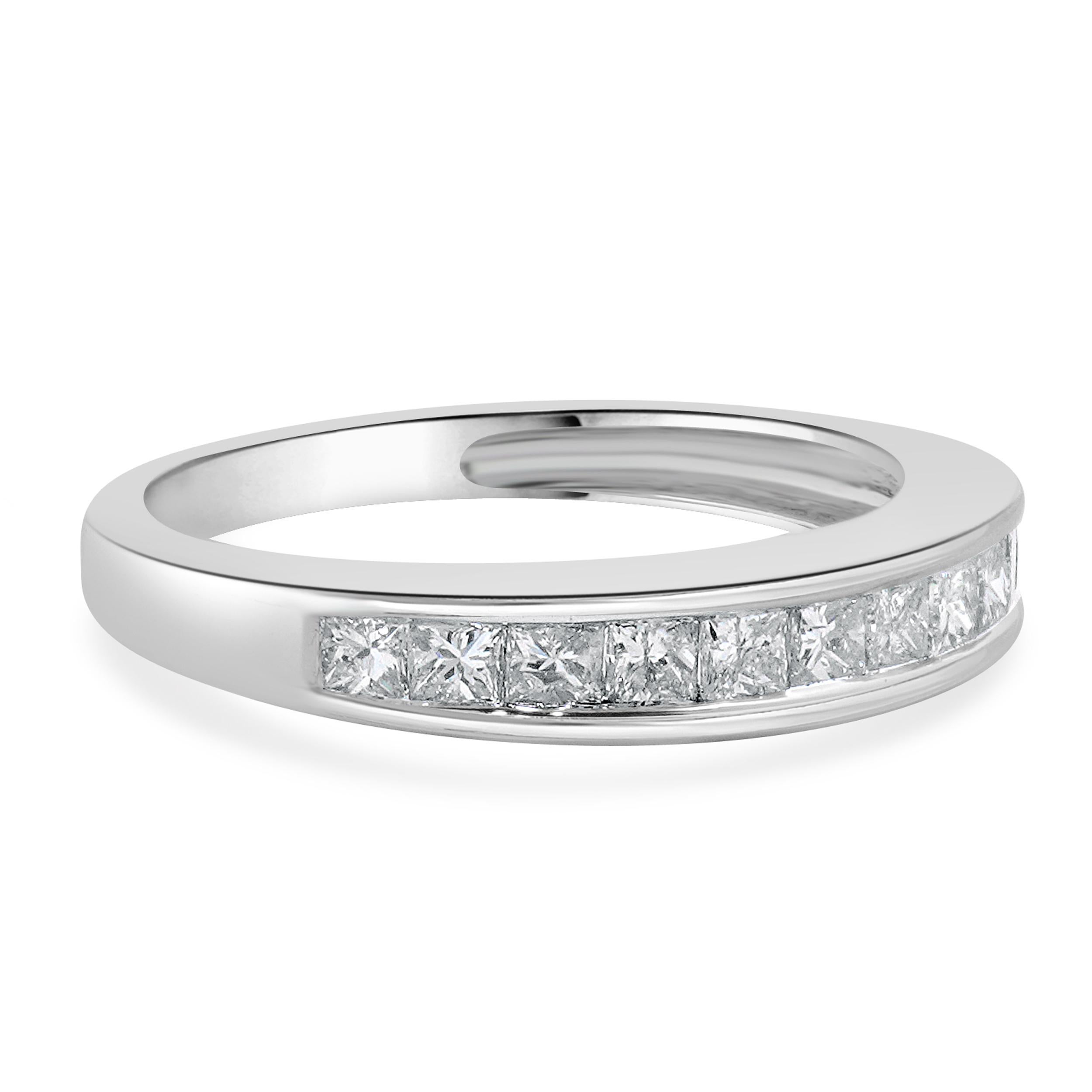 Designer: Custom
Material: 14K white gold
Diamonds: 11 princess cut = 0.88cttw
Color: I
Clarity: I1
Size: 5.5 sizing available 
Dimensions: ring top measures 3.6mm in width
Weight: 2.65 grams

