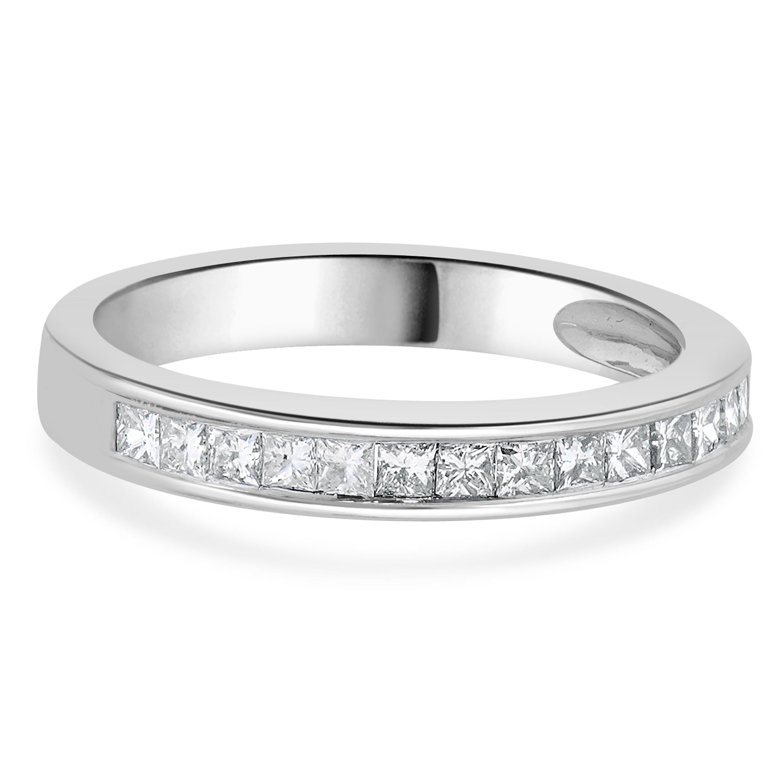 Designer: Custom
Material: 14K white gold
Diamonds: 16 princess cut = 0.56cttw
Color: H
Clarity: SI1-2
Size: 7 sizing available 
Dimensions: ring top measures 3.1mm in width
Weight: 3.20 grams
