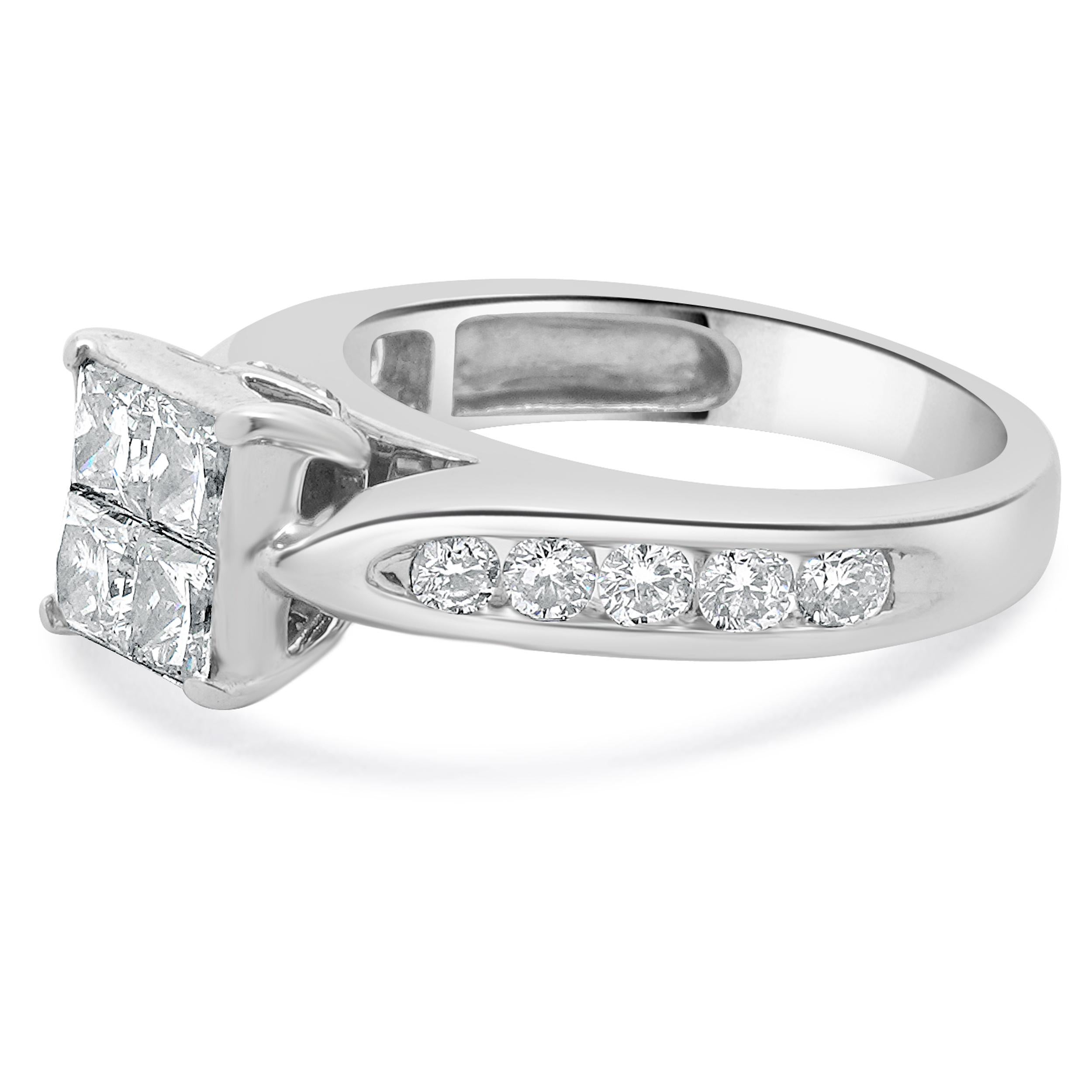 Designer: custom
Material: 14K white gold
Center Diamonds: 4 princess cut = 1.08cttw
Color: H
Clarity: SI1
Diamonds: 12 round cut= 0.46cttw
Color: H
Clarity: SI2
Ring Size: 4.5 (please allow two additional shipping days for sizing