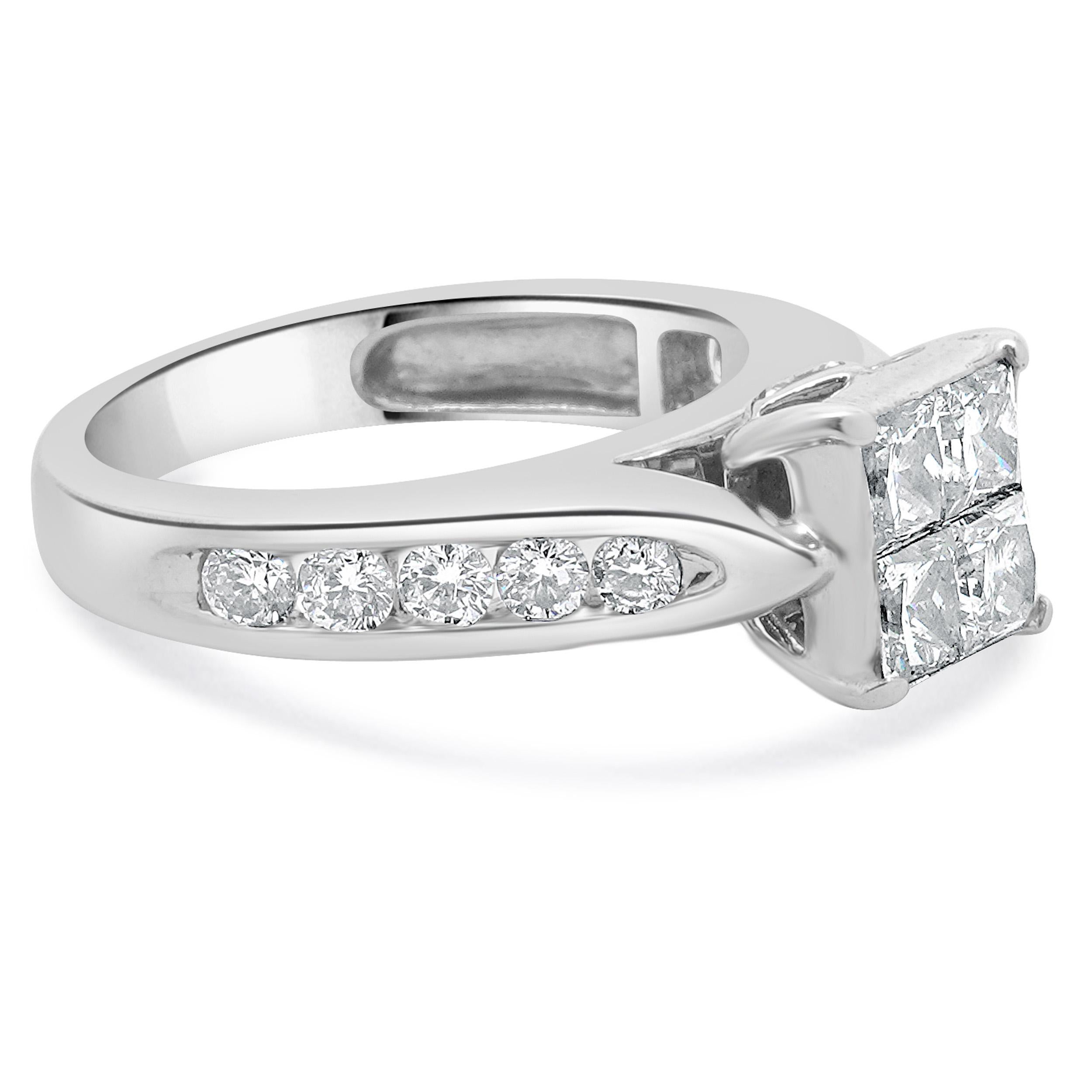 Women's 14 Karat White Gold Princess Cut Cluster Diamond Engagement Ring For Sale