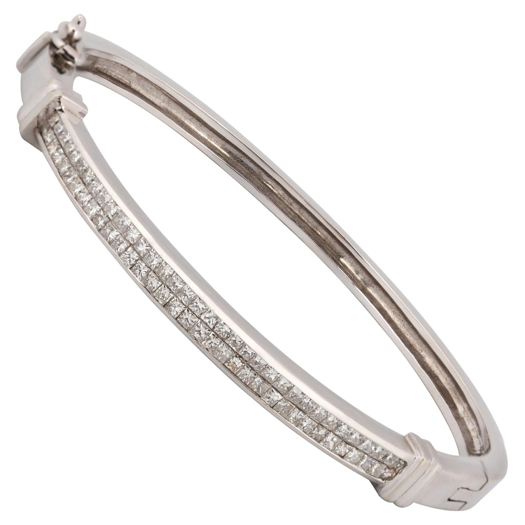 14 Karat White Gold Princess Cut Diamond Bangle Bracelet For Sale