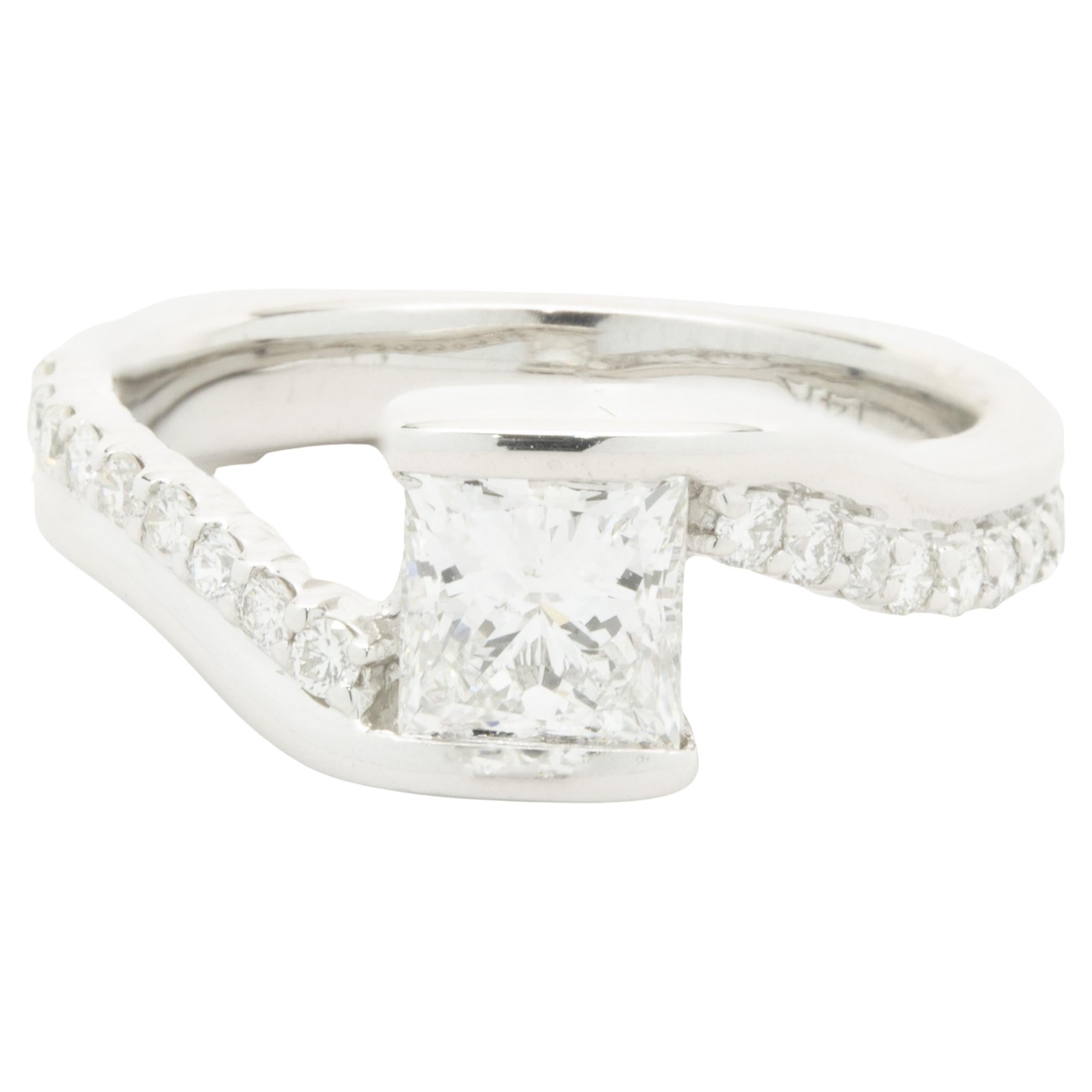 14 Karat White Gold Princess Cut Diamond Bypass Engagement Ring For Sale