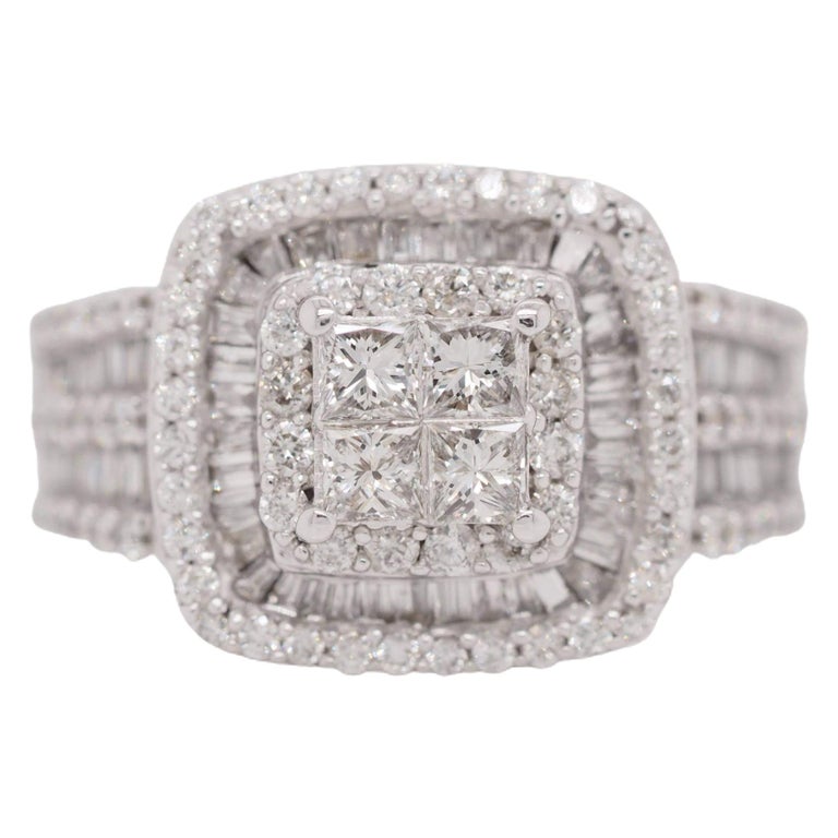 14 Karat White Gold Princess Cut Diamond Cluster Halo Style