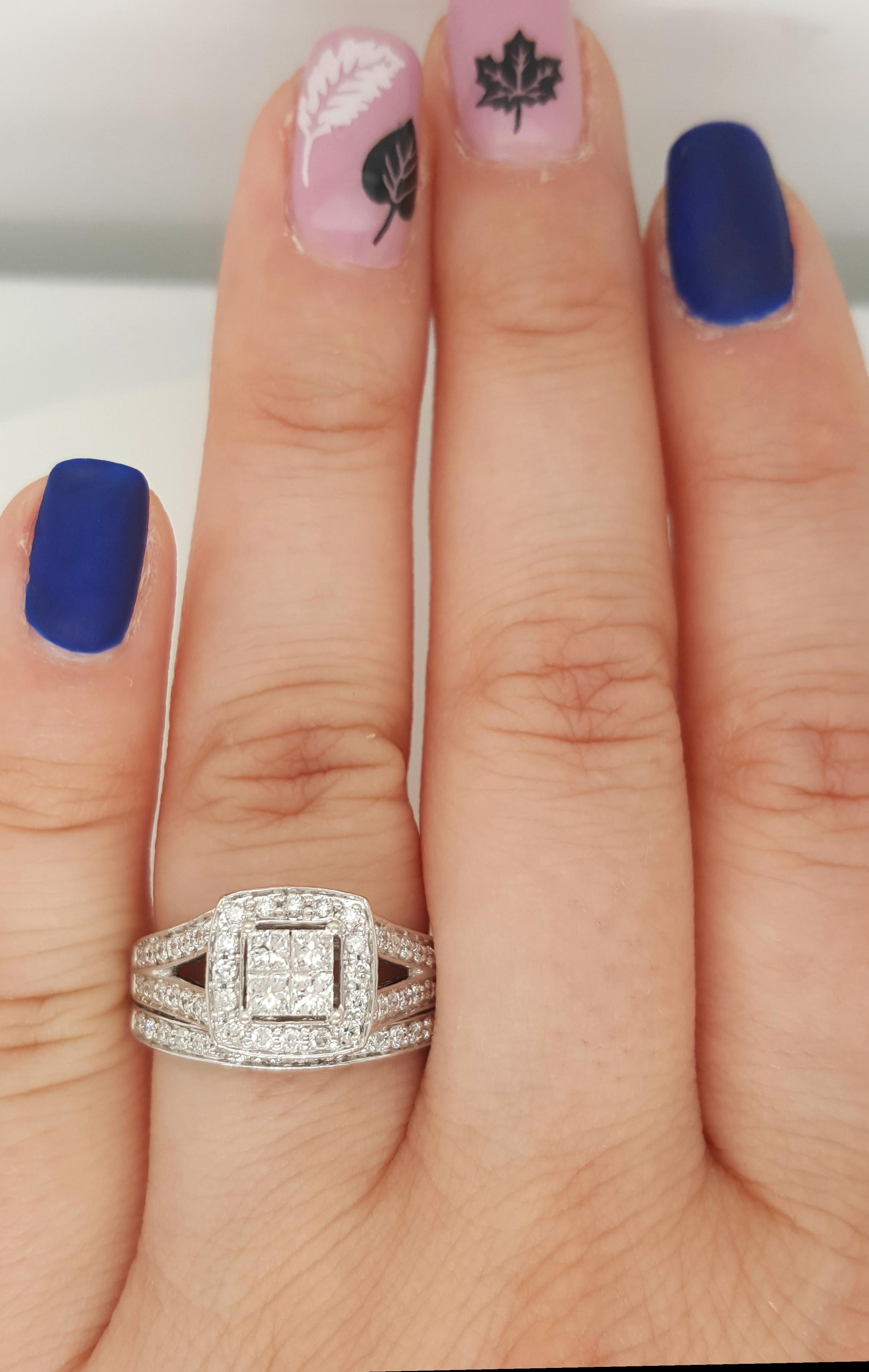 14 Karat White Gold Princess Cut Diamond Cluster, Halo Style Engagement Ring & wedding band. This beautifully crafted ring  has the look of a large center diamond which is comprised of four invisibly set princess cut diamonds surrounded by a halo of