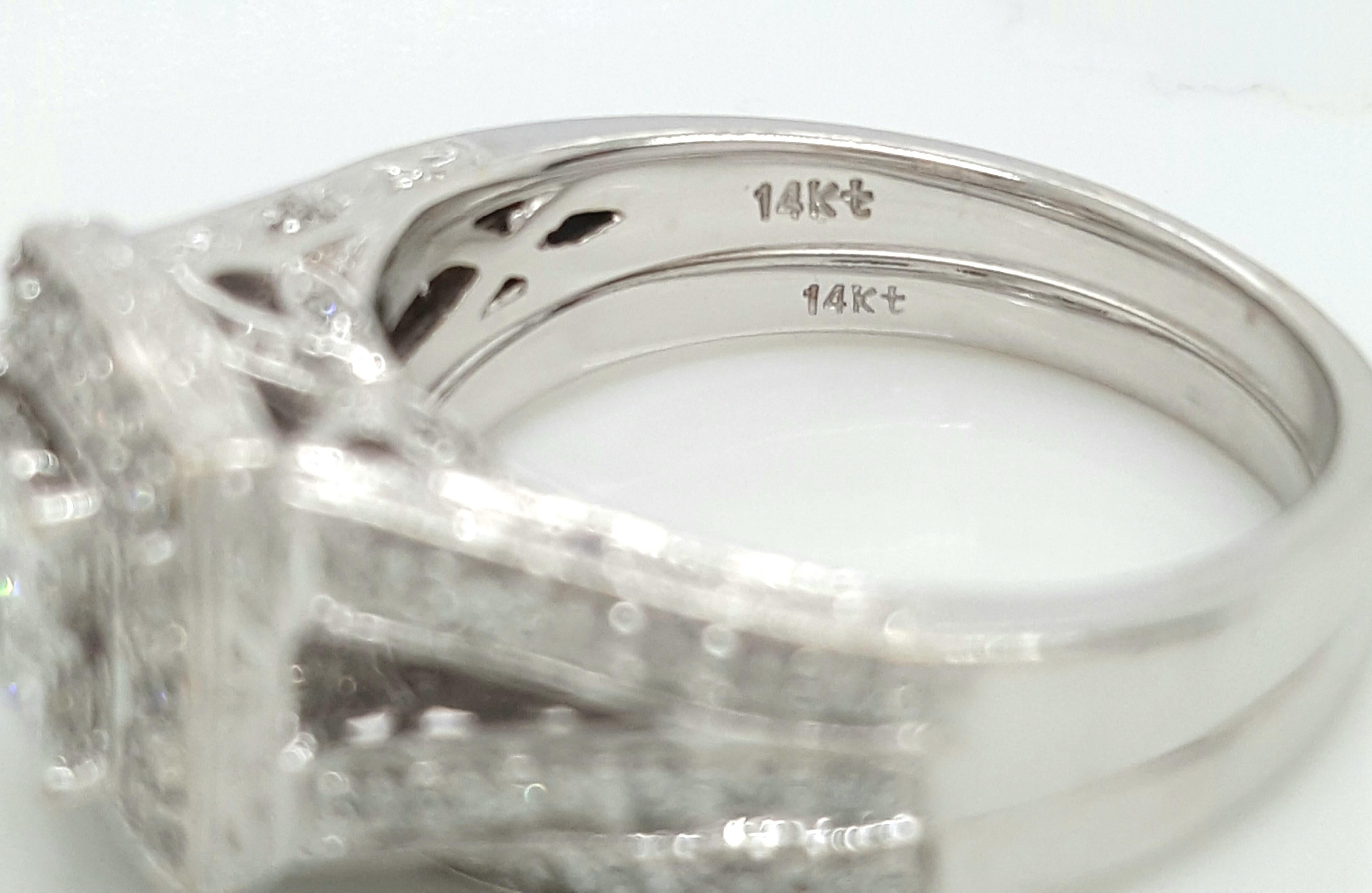 Round Cut 14 Karat White Gold Princess Cut Diamond Cluster Halo Style Ring Set For Sale