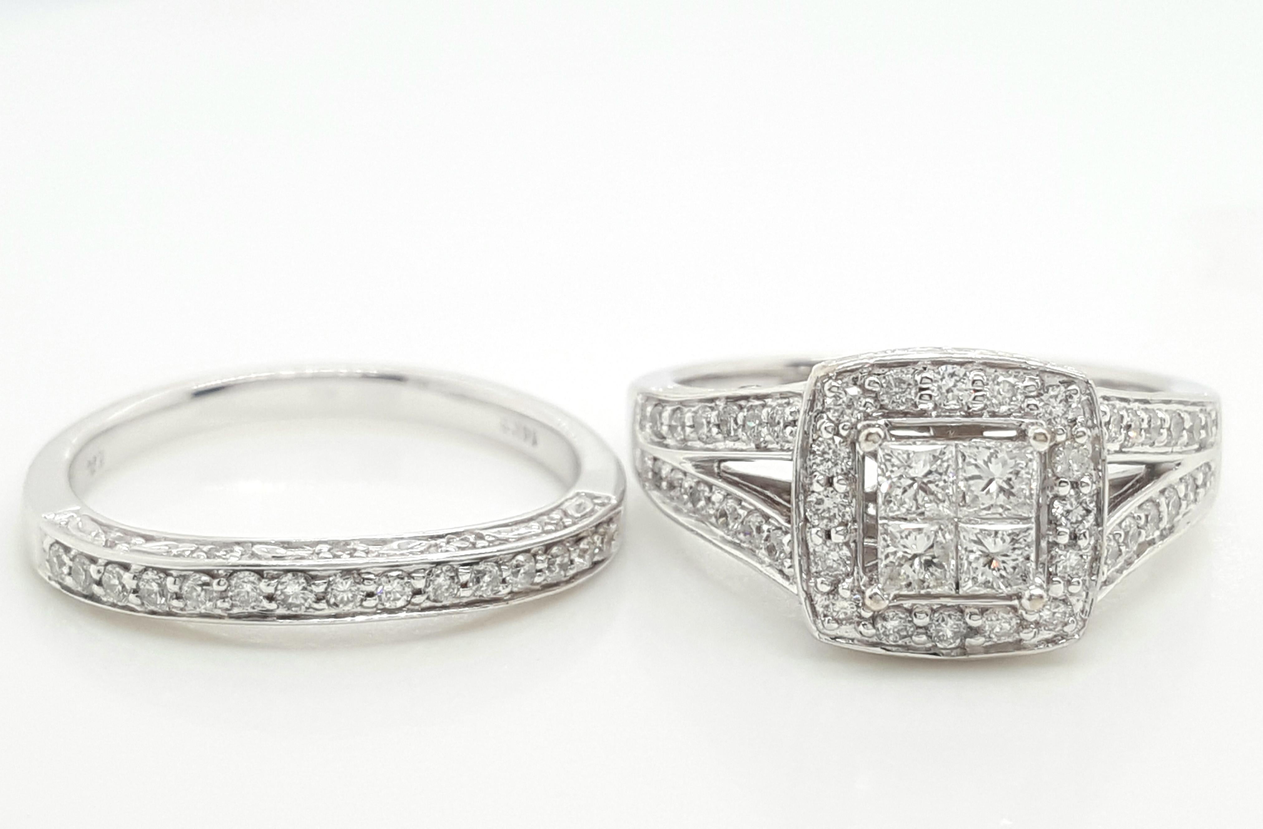14 Karat White Gold Princess Cut Diamond Cluster Halo Style Ring Set In Excellent Condition For Sale In Addison, TX