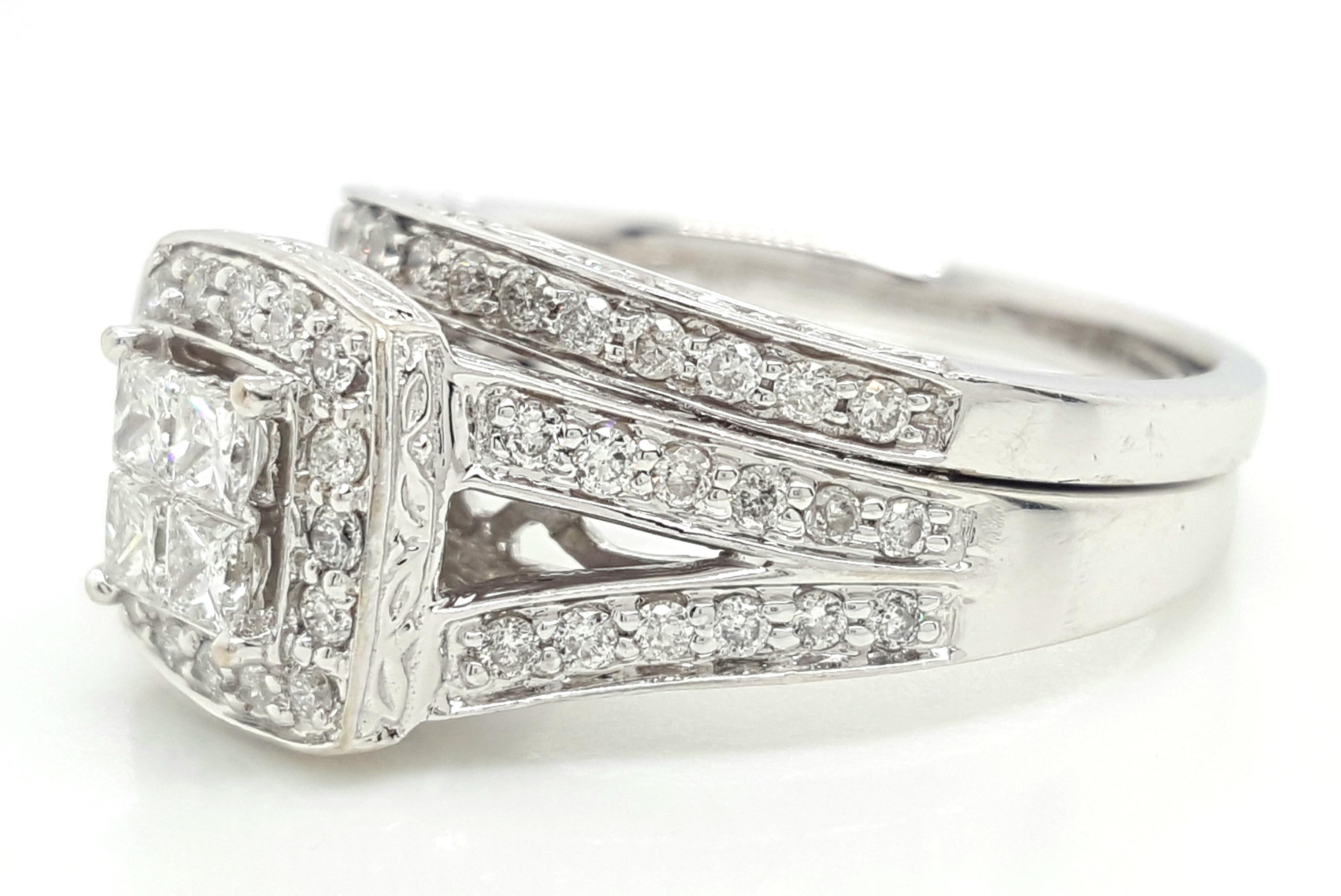 Women's 14 Karat White Gold Princess Cut Diamond Cluster Halo Style Ring Set For Sale