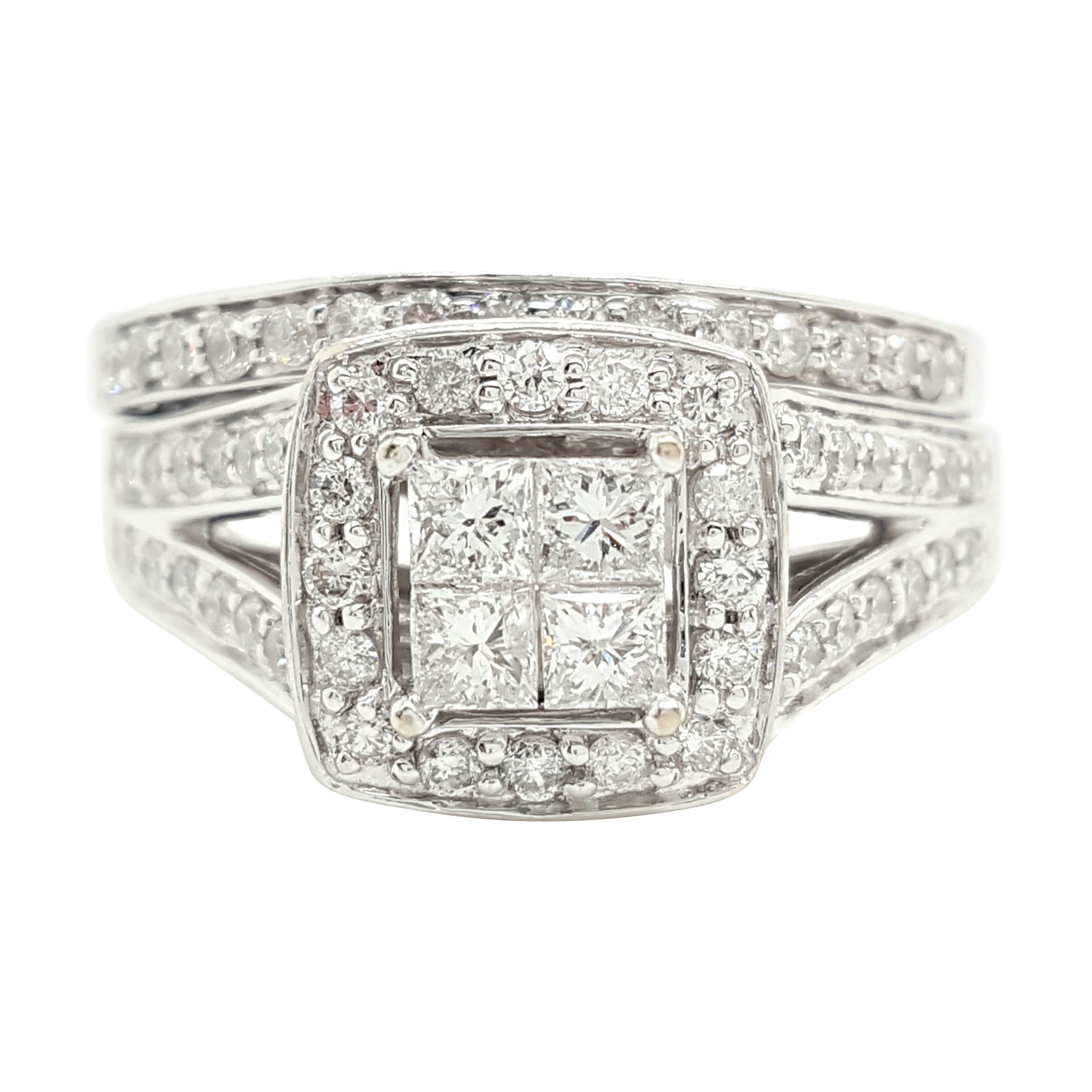 14 Karat White Gold Princess Cut Diamond Cluster Halo Style Ring Set