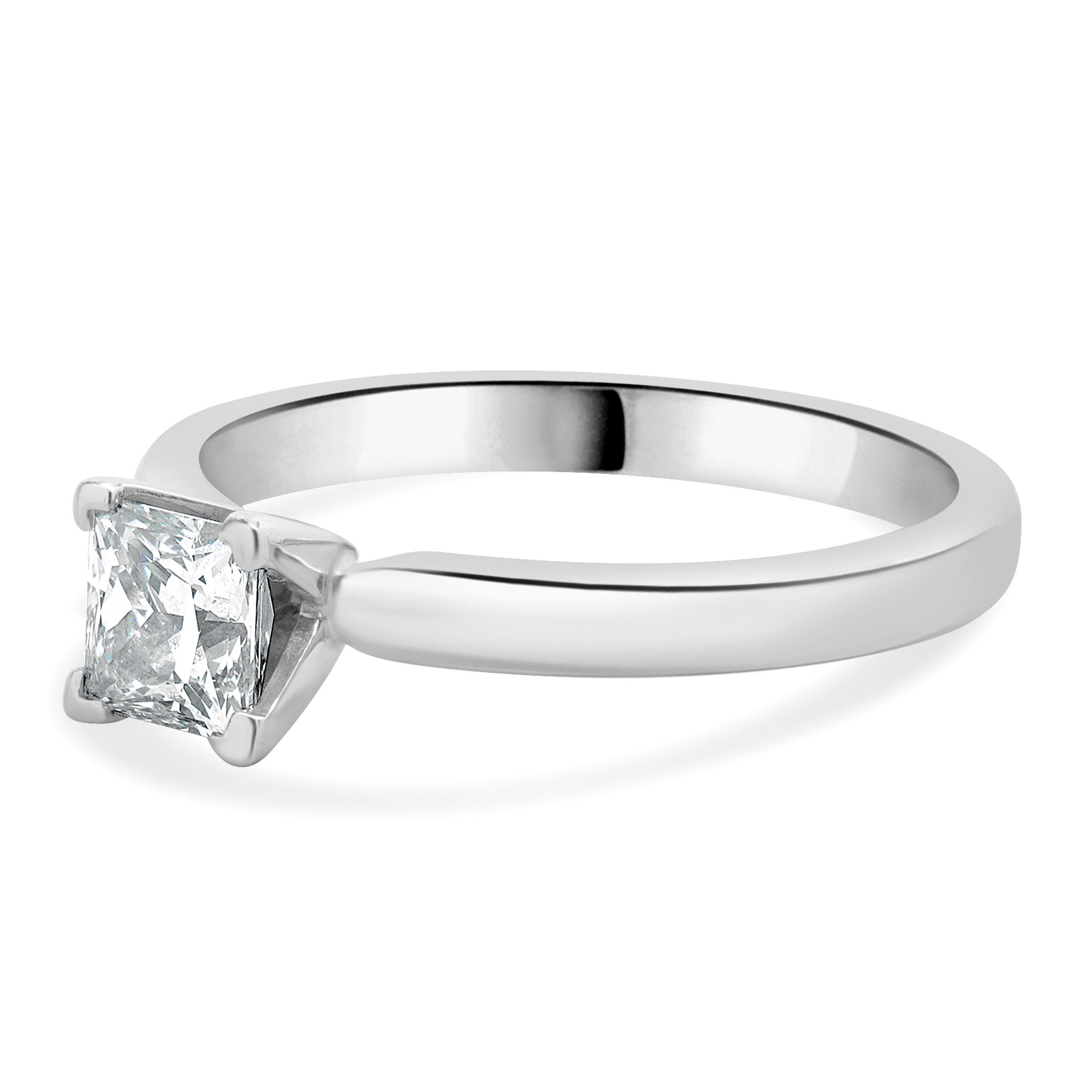 Designer: custom
Material: 14K white gold
Center Diamond: 1 princess cut = 0.83ct
Color : I
Clarity : VS2
AGS: 0009498603
Dimensions: ring top measures 5.5mm
Size: 8 complimentary sizing available 
Weight: 4.57 grams
