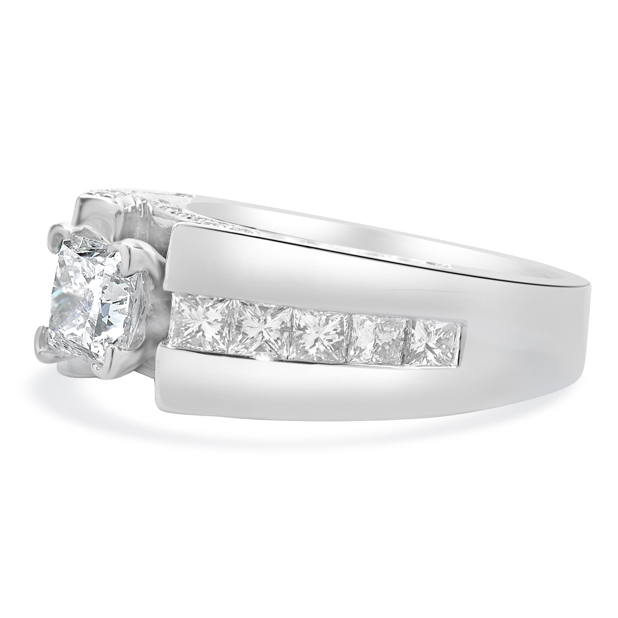 Material: 14K white gold
Center Diamond: 1 princess cut = 0.96ct
Color: F
Clarity: SI1
GSI Report: 50195700118
Diamond: 60 princess & round brilliant cut = 1.50cttw
Color: G
Clarity: SI1
Ring Size: 7.5 (please allow up to 2 additional business days