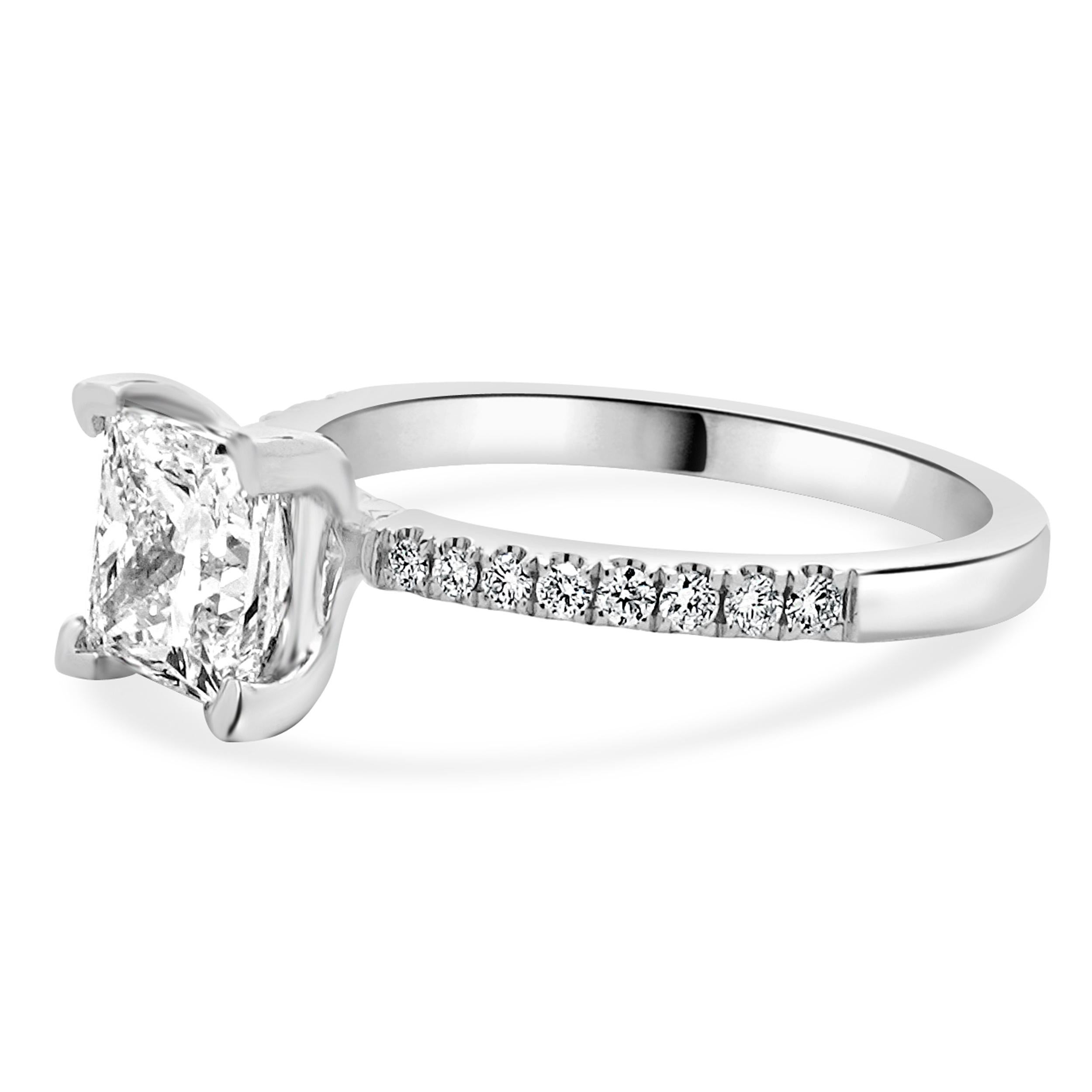 Material: 14K white gold
Center Diamond: 1 princess cut = 1.52ct
Color: E
Clarity: SI1
GIA: 2235396885
Diamond: round brilliant cut = 0.32cttw
Color: G
Clarity: SI1
Ring Size: 6.5 (please allow up to 2 additional business days for sizing